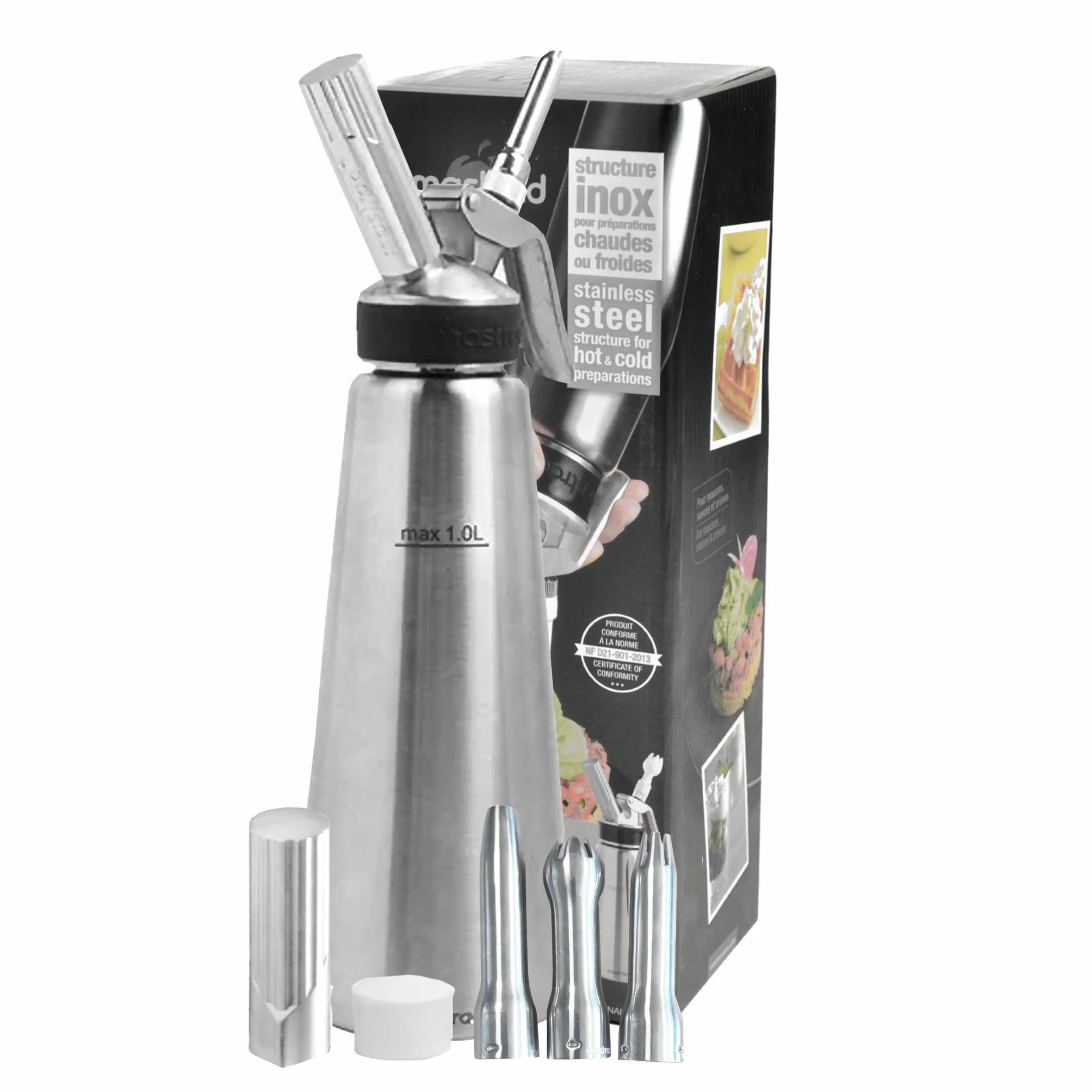 Mastrad Siphon Professionnel 0,5 L Inox Ultra Résistant Sauces Crèmes Chantilly Mousses
