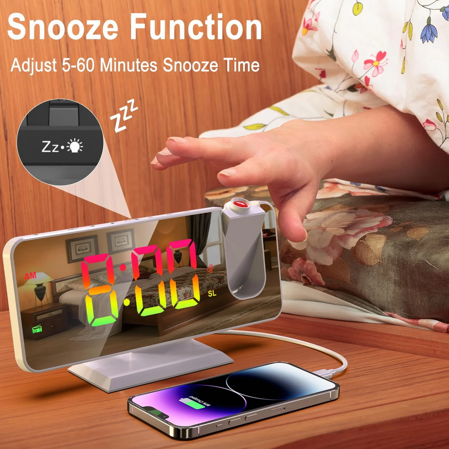 Réveil avec Projection Numérique RGB Horloge Colorée pour Chambre