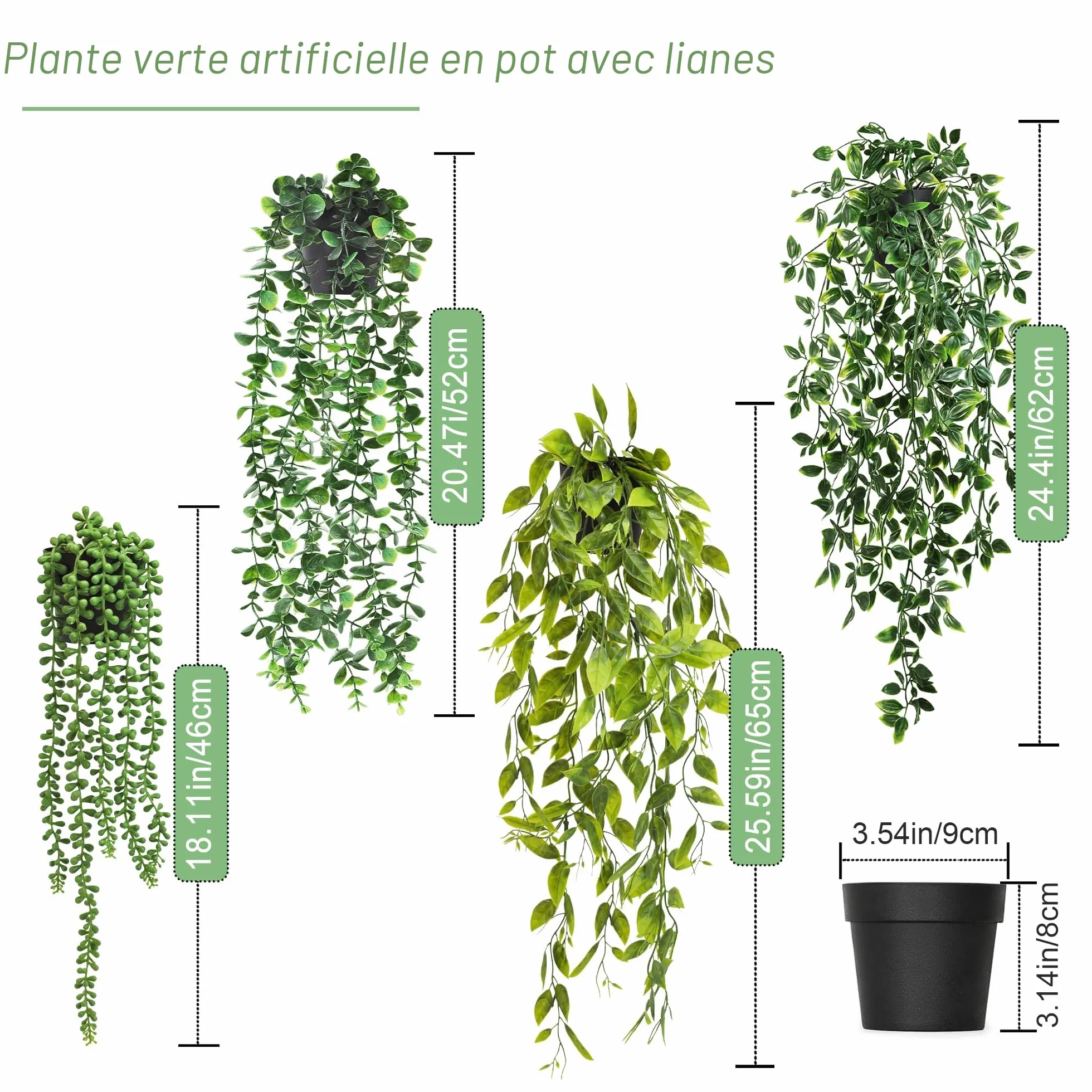ROLLWAY 4Pcs Plantes Artificielles Tombantes avec Pot Fausse Plante Verte Suspendue Interieur