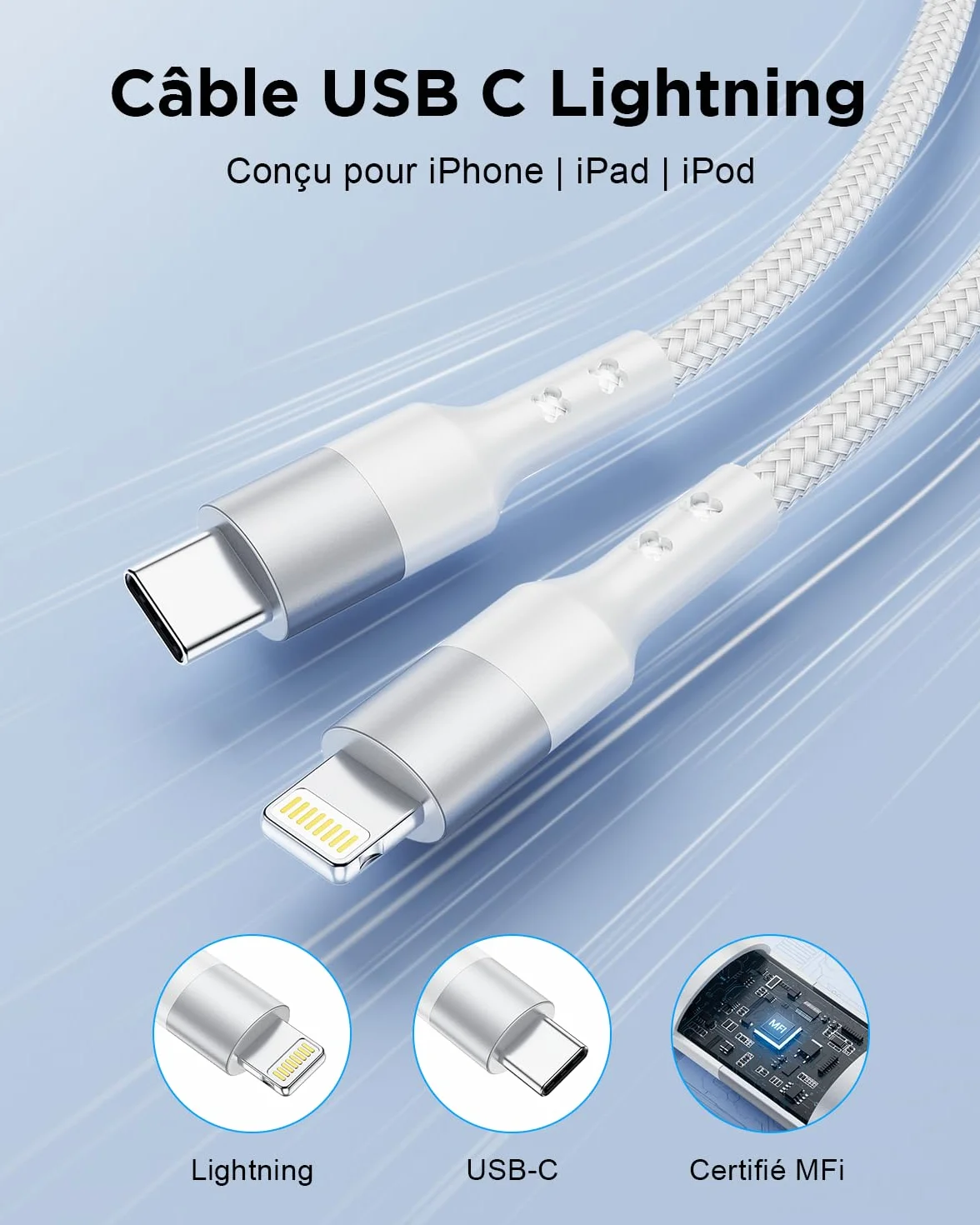 Câble USB C vers Lightning 1M MFi Charge Rapide Power Delivery Nylon pour iPhone 14 13 12 11 Pro Max