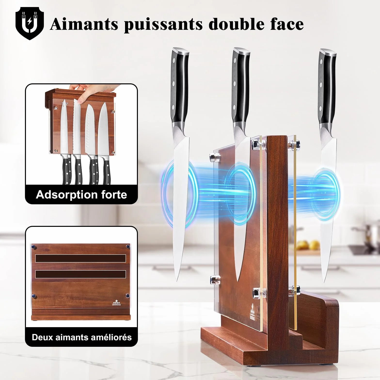 ENOKING Bloc à Couteaux Magnétique, Bloc Aimanté Double Face 26x22 CM - Porte Couteaux Aimanté en Bois d'acacia avec Plaque Protection Acrylique, Range Couteau de Cuisine Vide avec Aimant Puissant