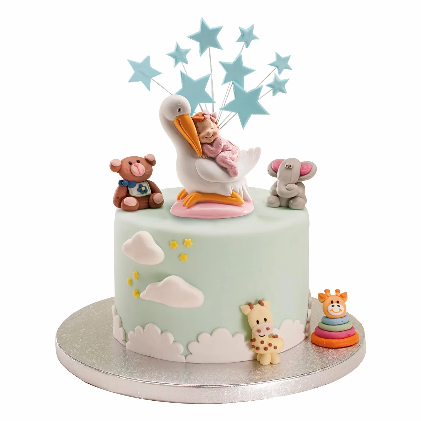 Cigogne avec Bébé Endormi Rose Décoration de Baptême Fille