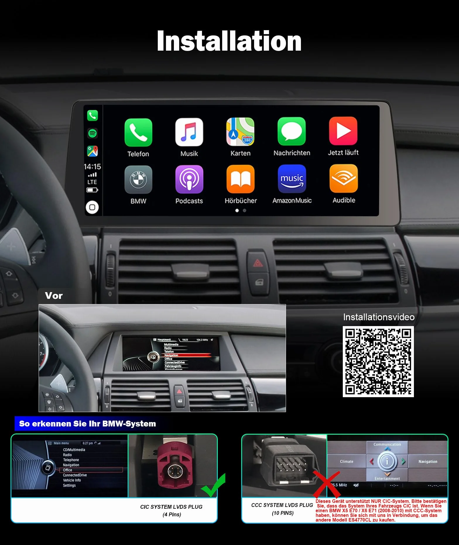 Erisin 12,3" Qualcomm 8 rdzeni 8 GB + 128 GB Android 14 radio samochodowe GPS nawigacja do BMW X5 E70 BMW X6 E71 CIC obsługuje IPS OEM iDrive CanBus Bluetooth 5.1, bezprzewodowy CarPlay Android Auto