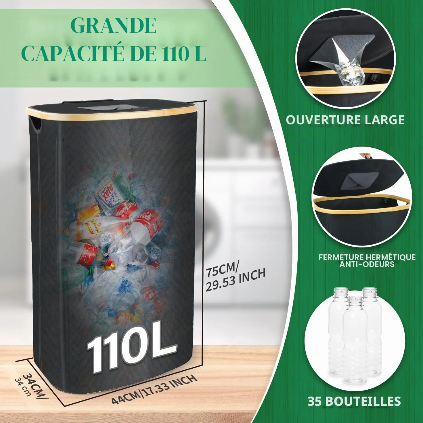 MOWETOO Poubelle de recyclage 110 l cuisine avec couvercle 2 sacs intérieurs amovibles