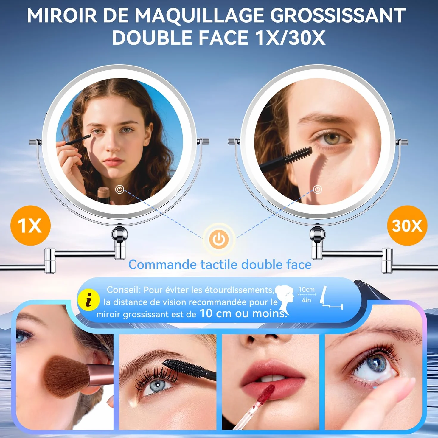 Auxmir 9" Miroir Grossissant Mural Rechargeable 5000 mAh, Miroir Grossissant x30 Réglable en Hauteur et Rotatif 360° pour Soins du Visage et Rasage pour Toute la Famille, Salles de Bain et Hôtels