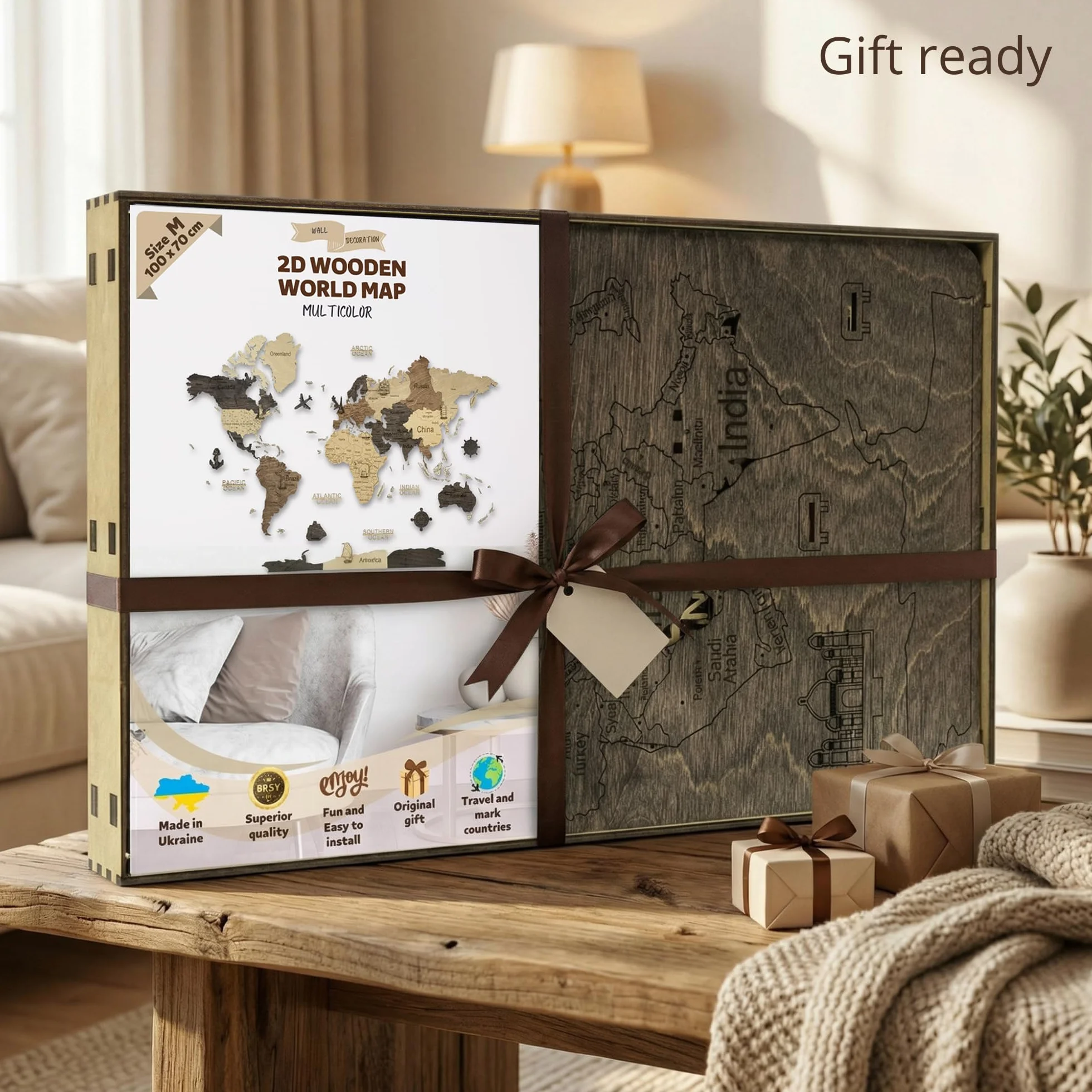 Carte du Monde Murale en Bois 2D – Mappemonde Bois Décorative | Planisphère Mural | Wooden World Map | Décoration Murale Salon Bureau | Idée Cadeau Voyageur (Dark, 100L x 70l cm)