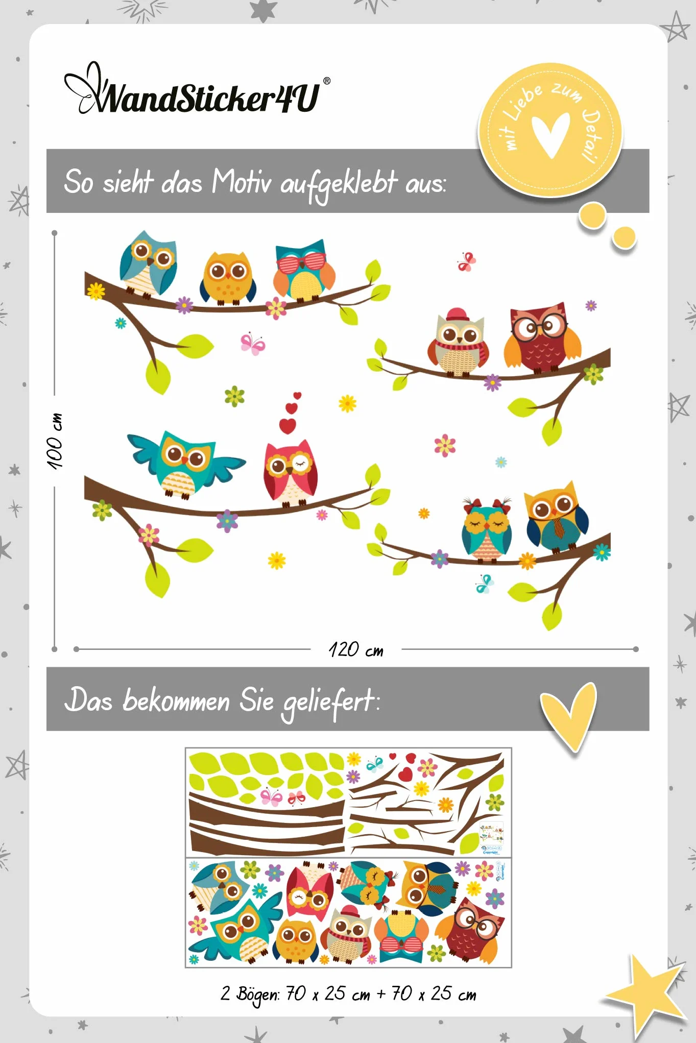Stickers muraux enfants animaux de la forêt CHOUETTES mignonnes sur BRANCHES 120x100 cm Autocollant mural chambre bébé