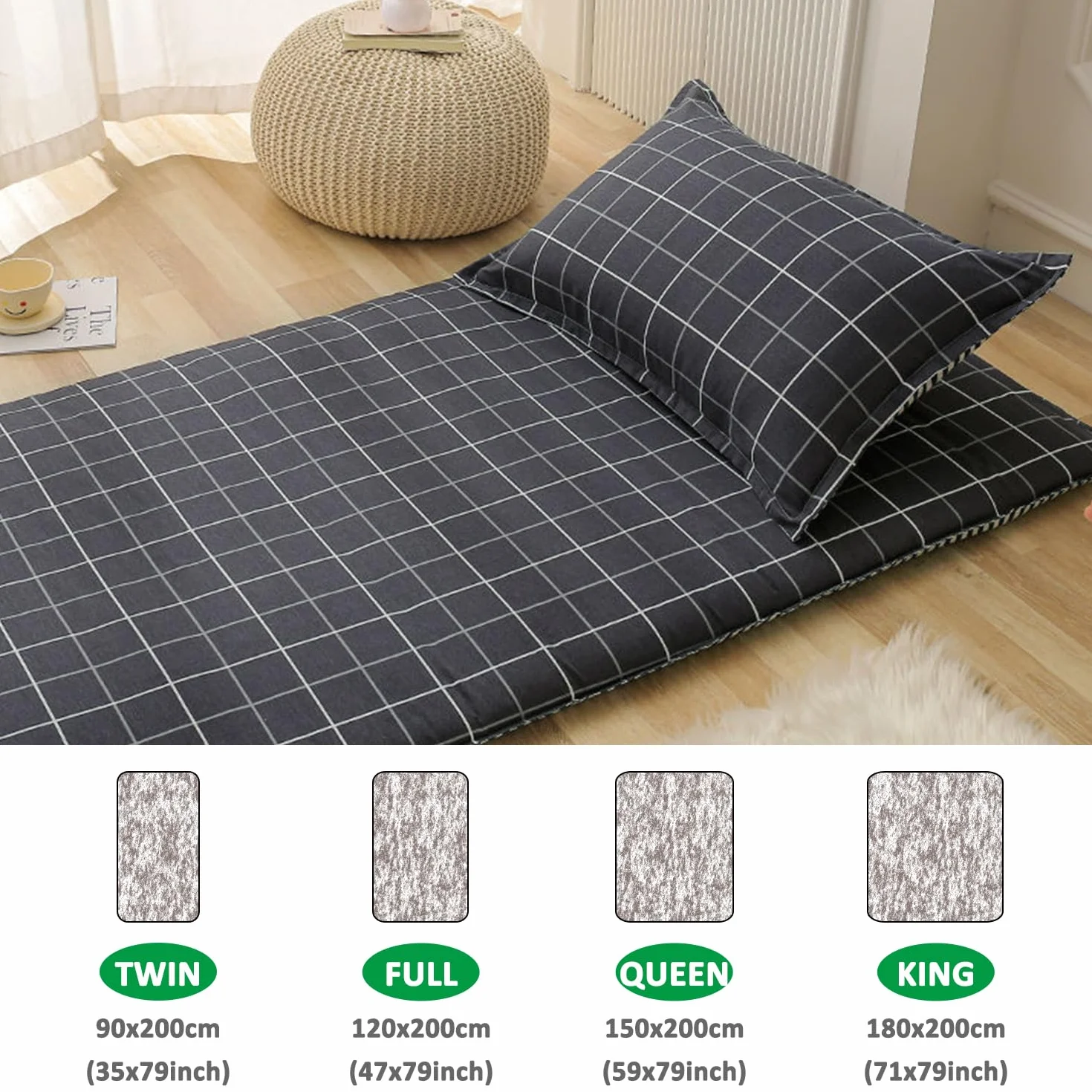 Housse de Matelas Zippée en Tatami 100% Coton pour Futon Traditionnel Queen 150x200cm