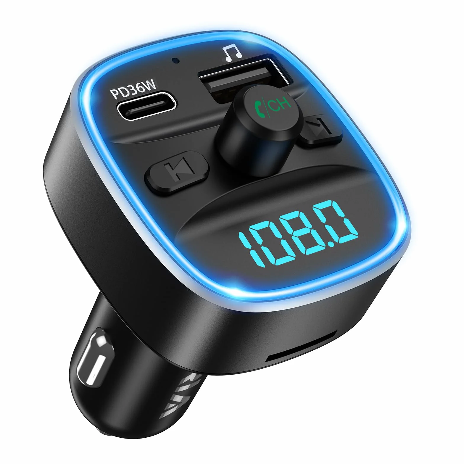 ORIA Nadajnik FM Bluetooth 5.3, bezprzewodowy adapter radia samochodowego z szybkim ładowaniem PD 36 W, podświetlenie LED, zestaw głośnomówiący, kompatybilny z Bluetooth, karta TF, pamięć USB