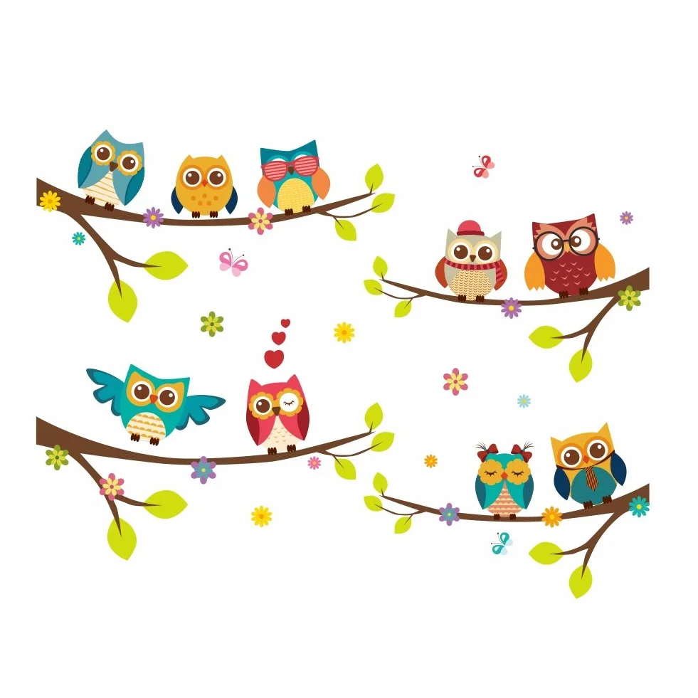 Stickers muraux enfants animaux de la forêt CHOUETTES mignonnes sur BRANCHES 120x100 cm Autocollant mural chambre bébé