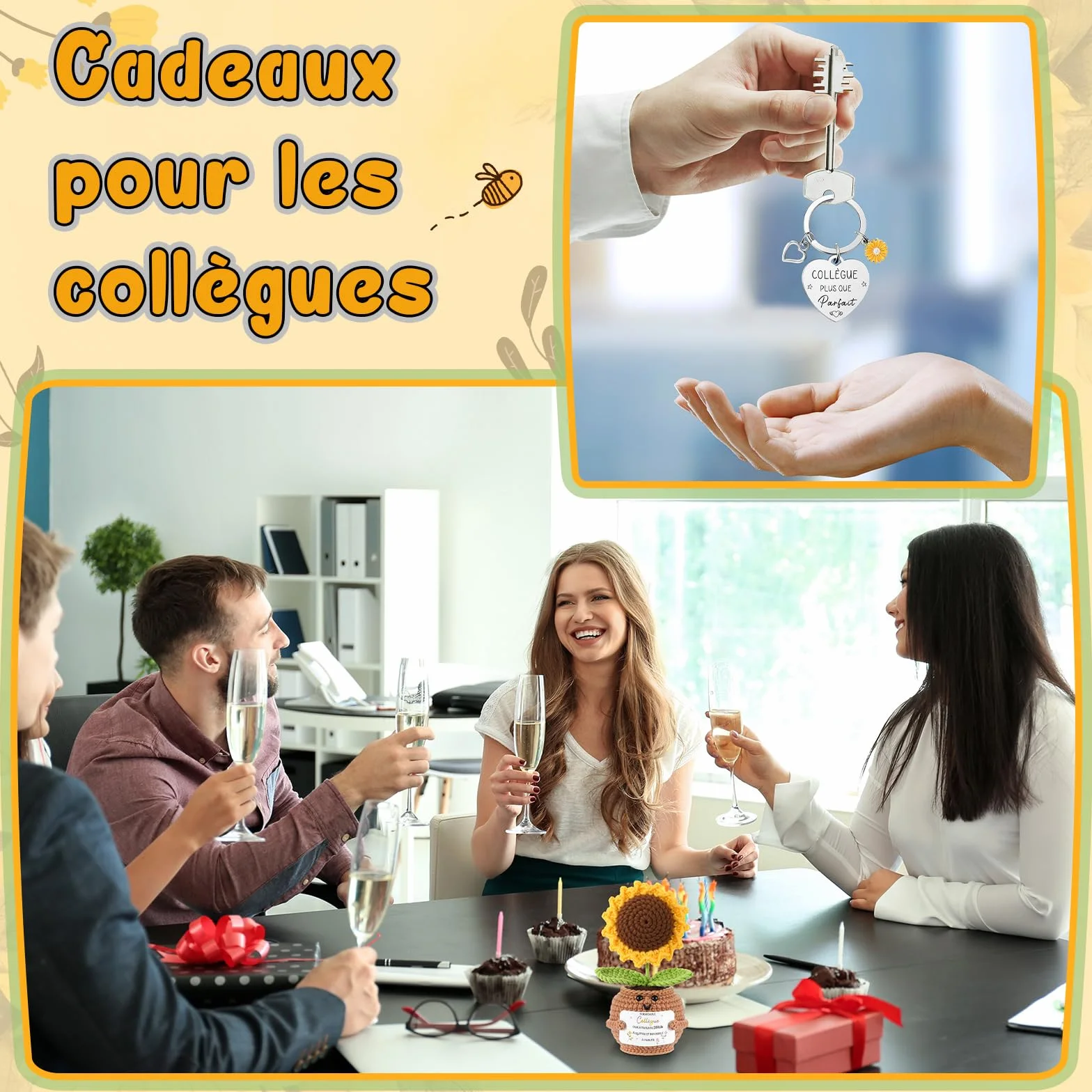 Porte Clés Collègue de Travail Tournesol au Crochet avec Carte de Vœux et Fleurs Séchées