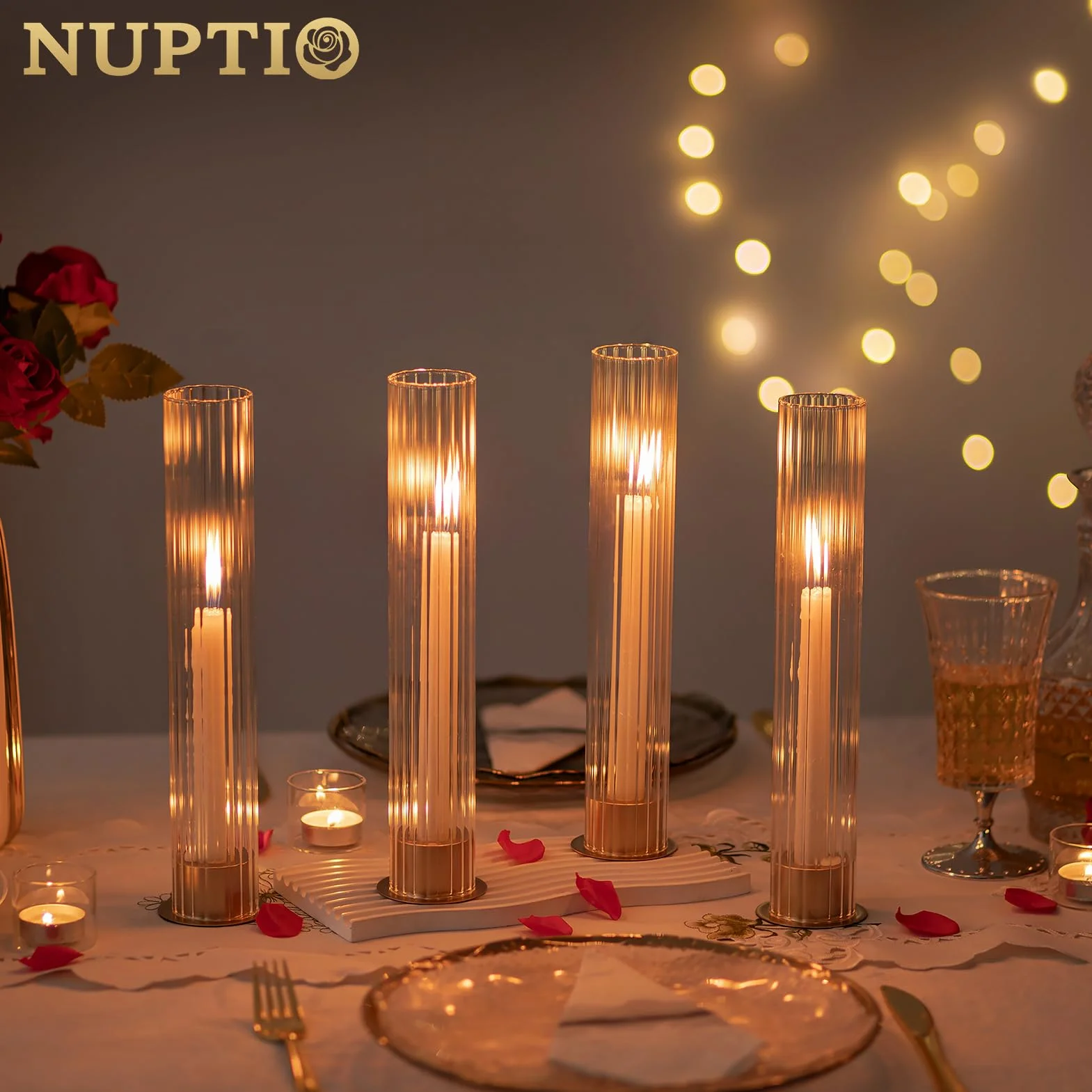 NUPTIO Bougeoir Hurricane pour centre de table : lot de 10 bougeoirs coniques en métal avec cylindres en verre cannelé – Bougeoirs dorés en vrac pour décoration de table de fête en plein air, dîner