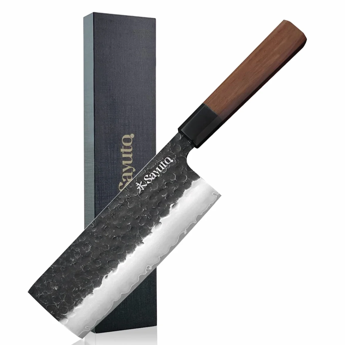Séquoia San Mai - Couteau Nakiri Design Japonais Spécial Légumes Lame 17cm 3 Couches Carbone Manche Bois de Séquoia - Vendu dans un Coffret