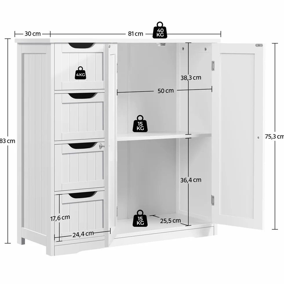 Yaheetech Meuble Salle de Bain Rangement, Armoire Toilette, avec 4 Tiroirs et 1 Large Placard, 1 Etagère Intérieure, 81 × 30 × 83 cm, Grande Commode Chambre Cuisine Blanc