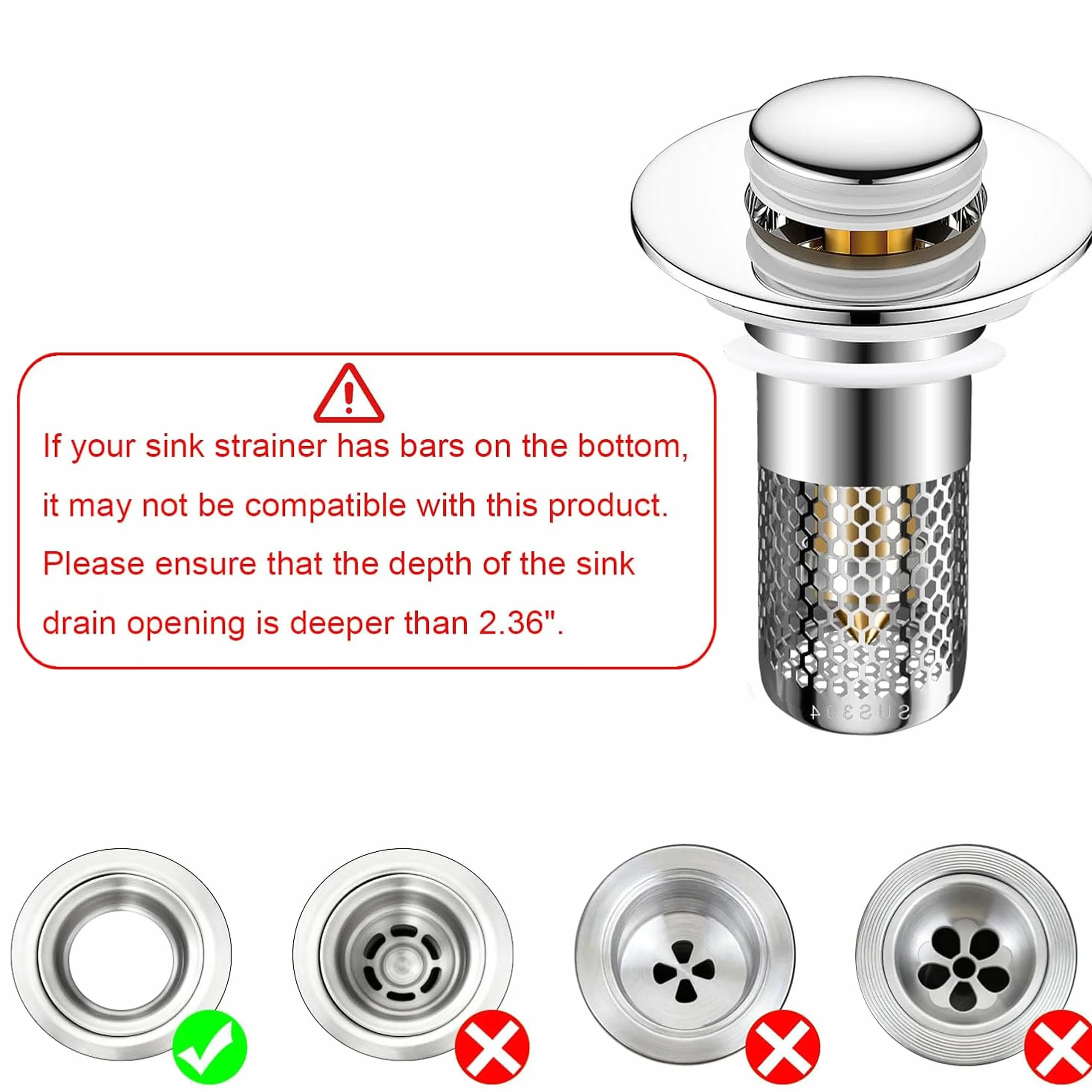 Bonde de Lavabo Clic Clac Universel 33-40 mm Acier Inoxydable Anti-Odeur Lot de 2