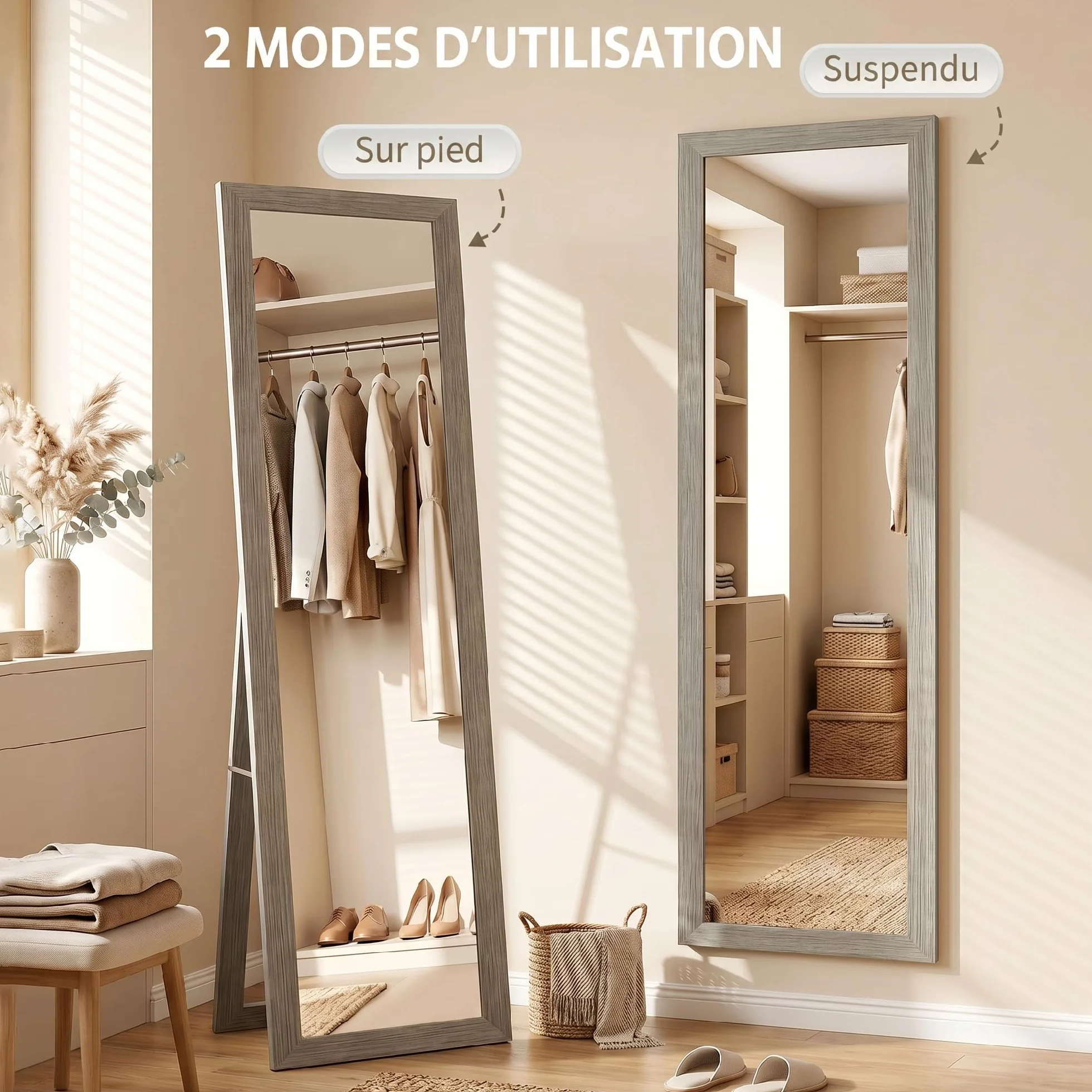 HOMCOM Miroir Rectangulaire sur Pied Mural ou à Poser avec Cadre en Bois 37 x 157 cm Gris