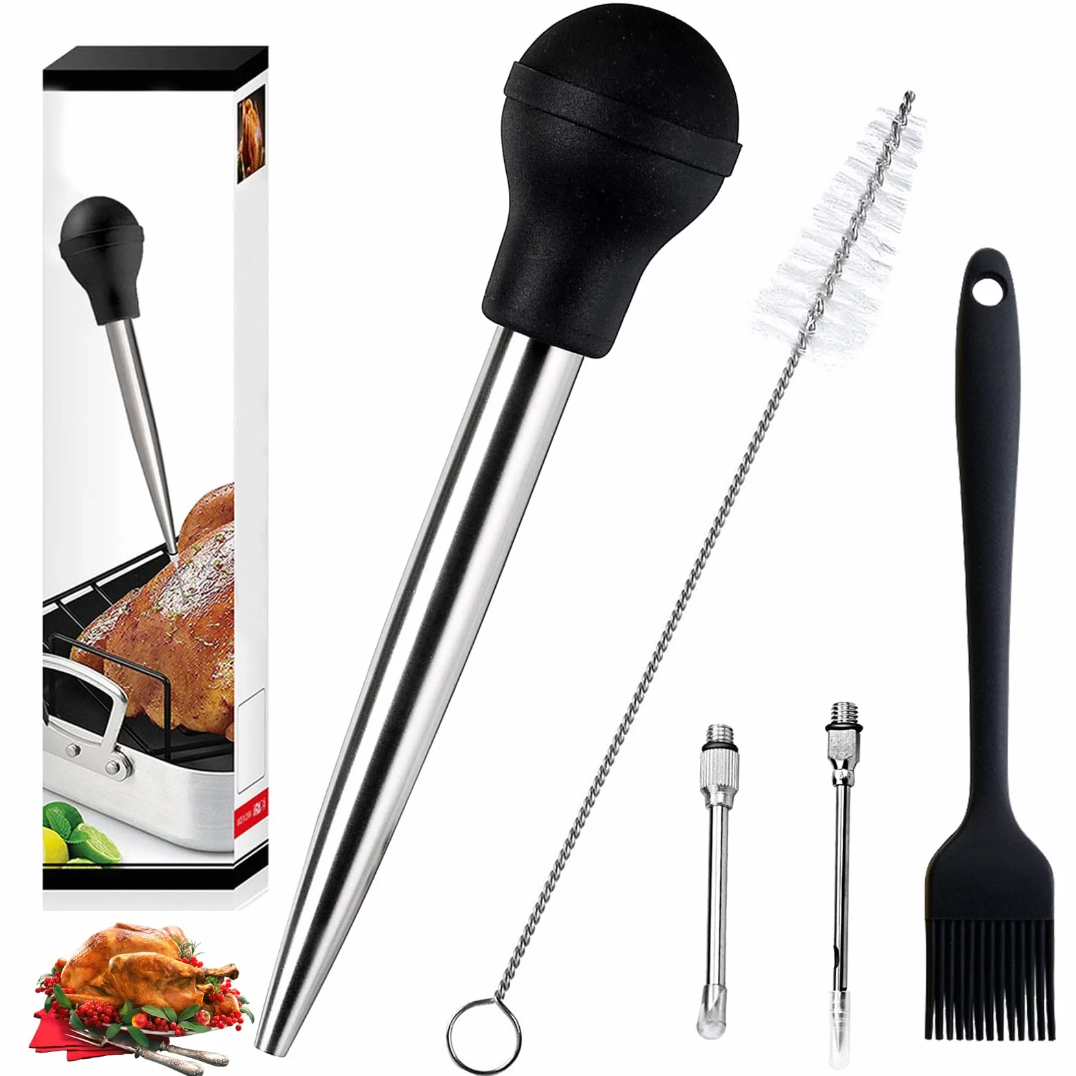 Poire à jus en Acier Inoxydable 304 avec Injecteur de Marinade et Brosse à Huile