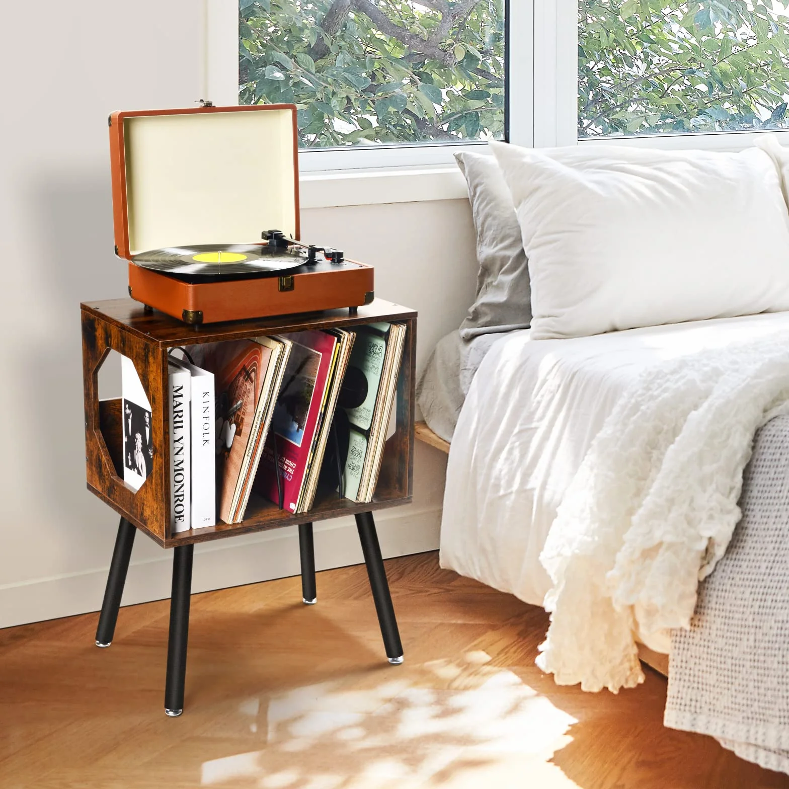 ikkle Support Rustique pour Platine Vinyle avec Pieds en Métal, Pouvant Contenir 150 Disques, Table de Rangement pour Disques Vinyles pour Chambre ou Salon (Marron)