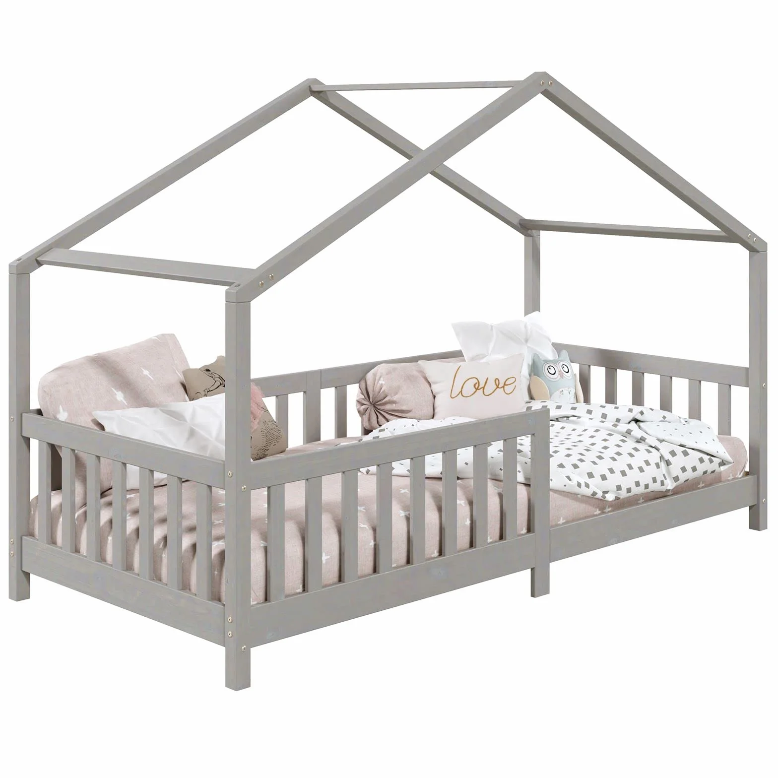 IDIMEX Lit cabane Enfant 90x190 cm LISAN lit Simple Montessori avec Barrières de Protection en Bois Massif lasuré Gris