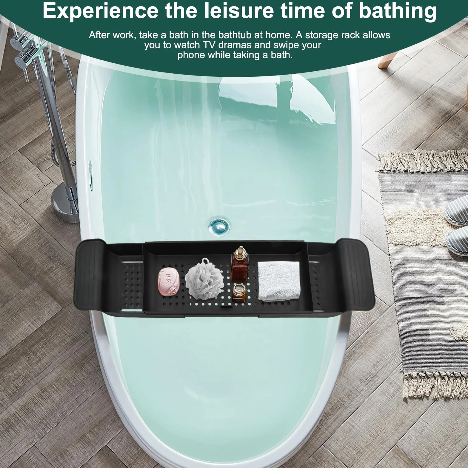 Plateau de Baignoire en Plastique Extensible Noir avec Design d'écoulement pour Verres à vin