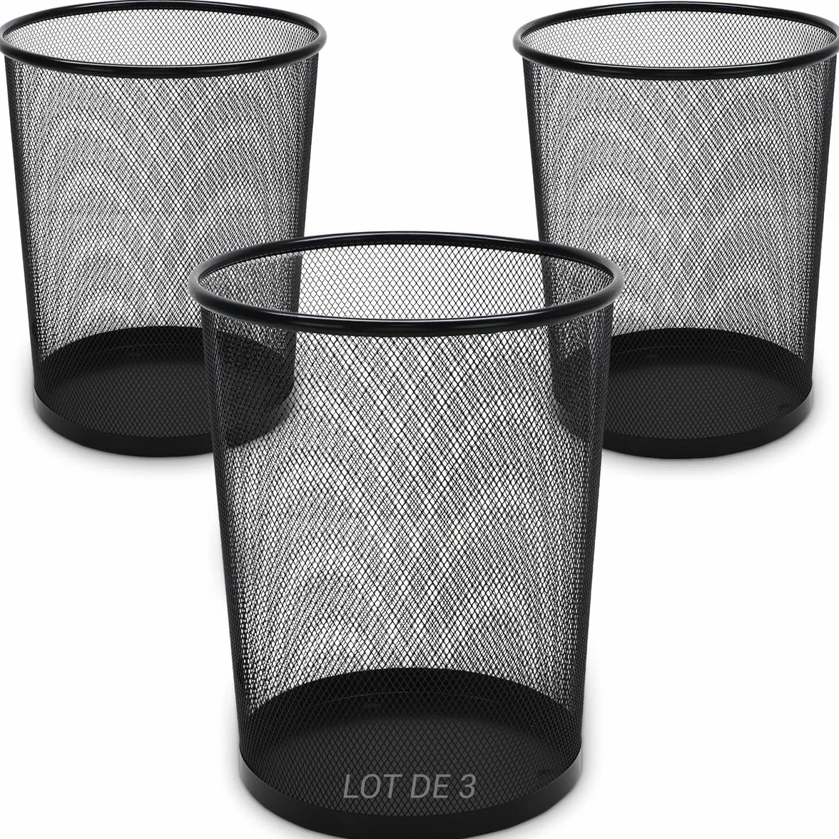 Waytex Lot de 3 Corbeilles à Papier Bureau Métal Mesh Noir 18L Diamètre 29,5cm x Hauteur 34cm