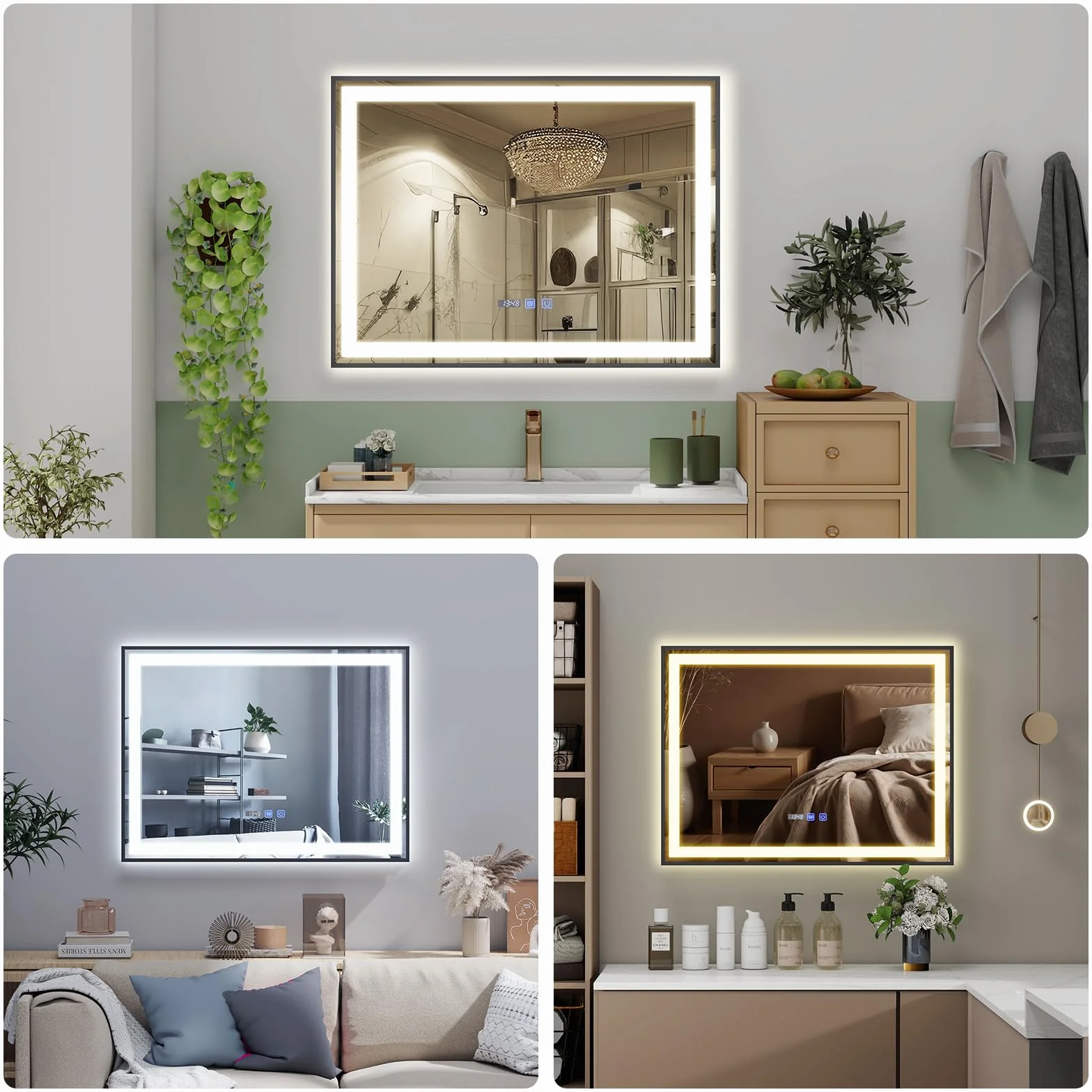 YU YUSING Miroir de Salle de Bain LED 70x50cm, Miroir Lumineux Cosmétique Mural avec 3 Couleurs de Lumière Réglables, Cadre Métallique, Affichage L'heure, Anti-buée, IP44 Étanchéité, Horizontal