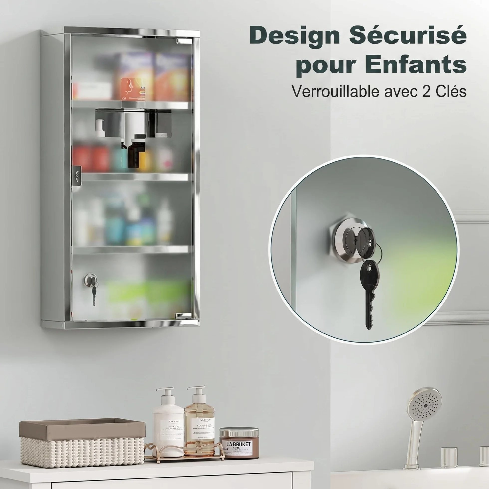 HOMCOM Armoire à Pharmacie 3 étagères 4 Niveaux 30L x 12l x 60H cm Porte Verre trempé Symbole Croix Acier Inoxydable brossé