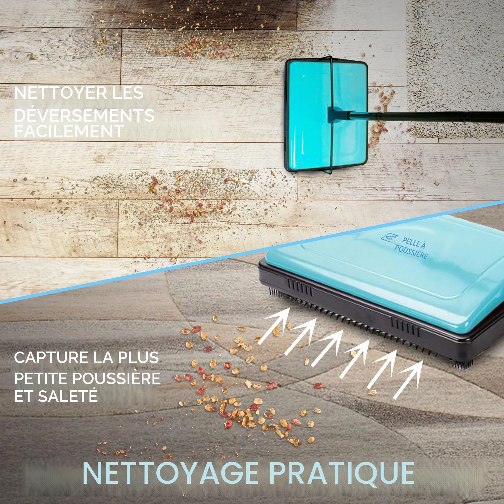 Balayeuse manuelle sans fil pivotante sans fil légère avec brosse en crin de cheval avec peigne de nettoyage – Parfait pour nettoyer les sols durs, les poils d'animaux et les tapis