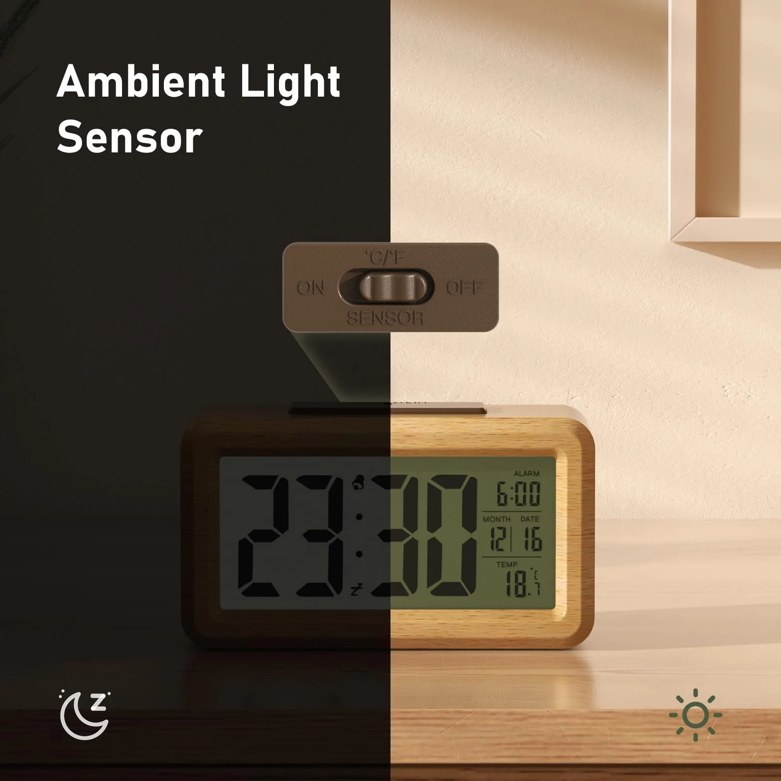 Réveil Numérique en Bois avec Grand Écran LCD, Rétroéclairage, Date, Température, Capteur de Lumière, Snooze, 3 Piles AAA Incluses