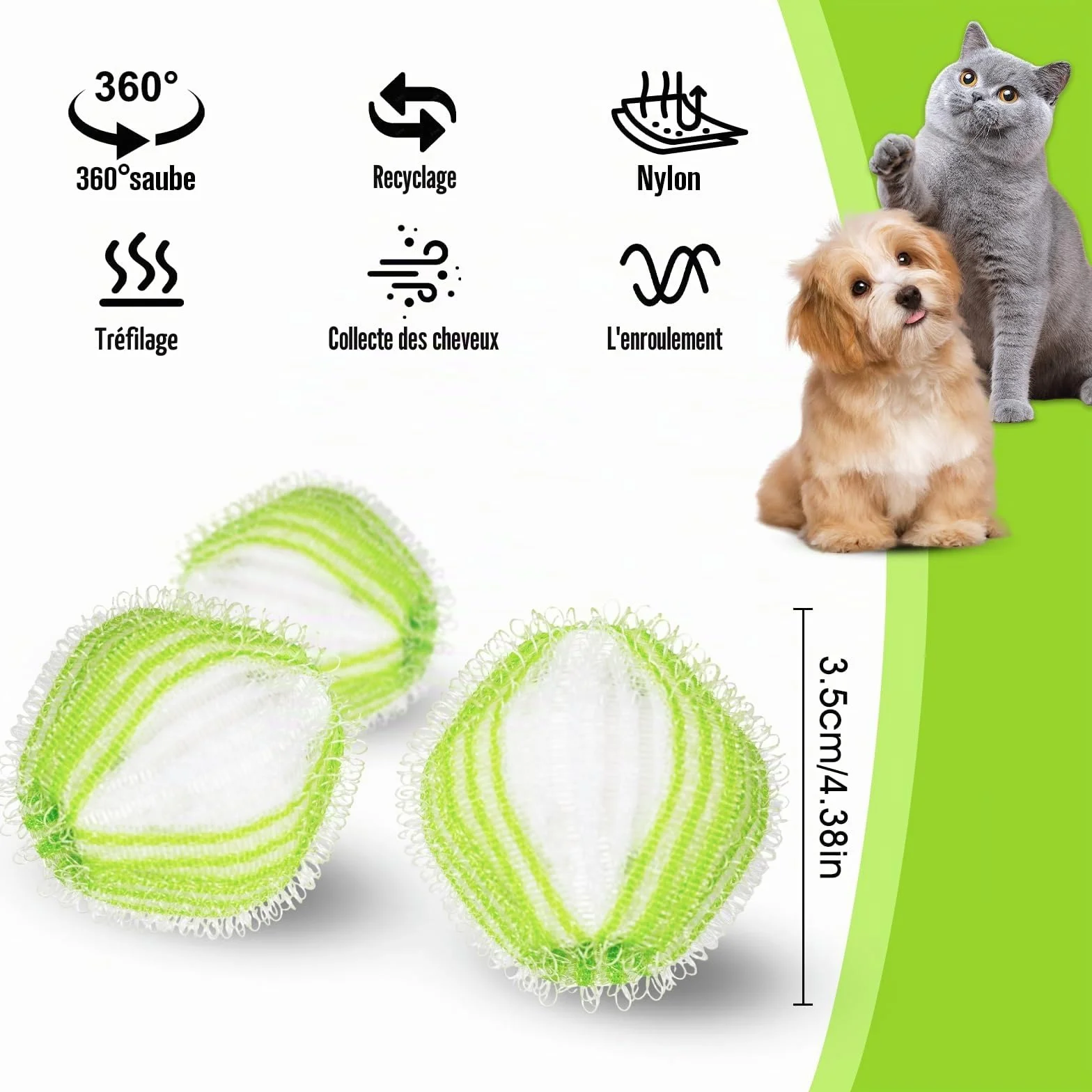 Lot de 12 boules de peluches réutilisables pour enlever les poils d'animaux de chat - Vert