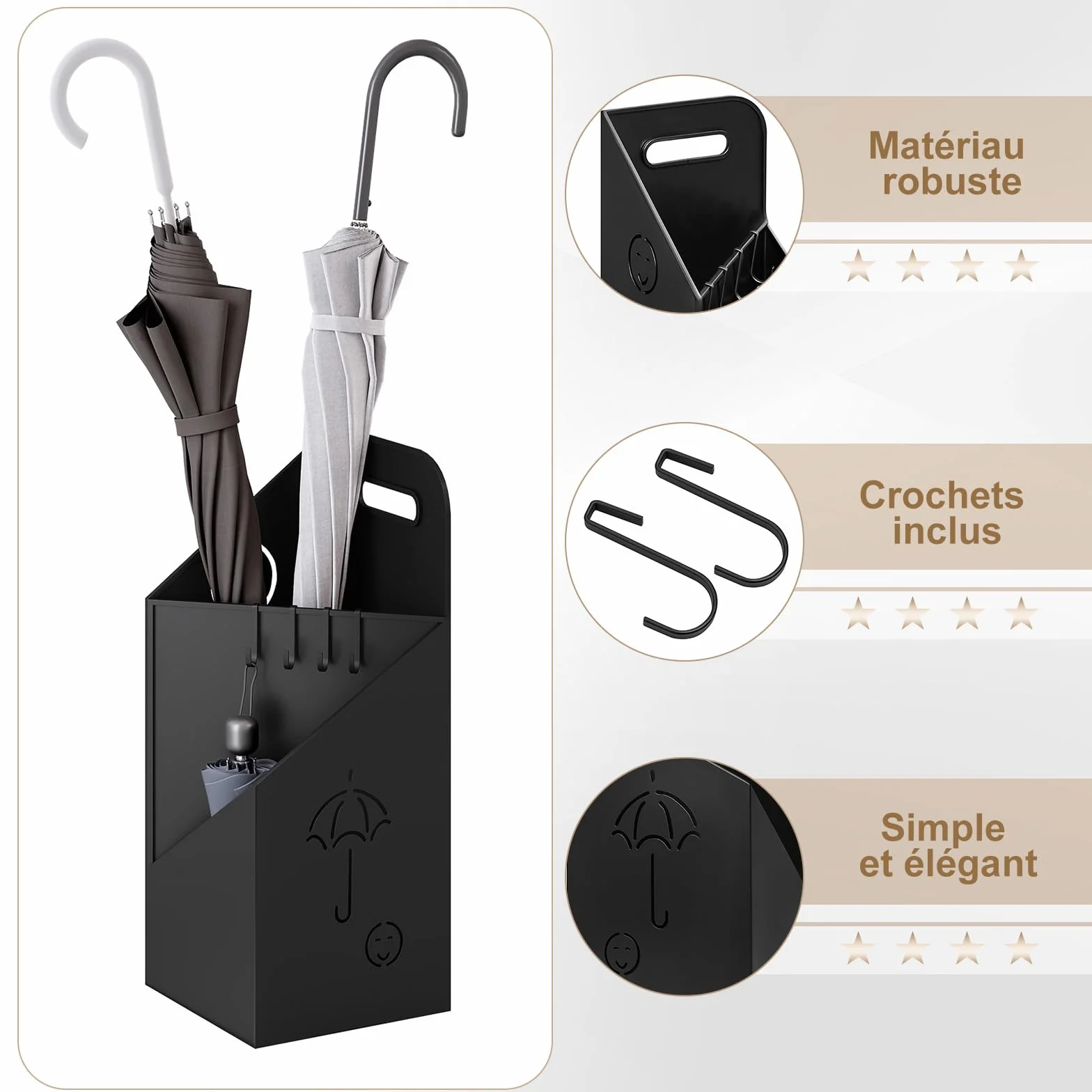 WOLTU Porte-Parapluie Métal Antirouille 4 Crochets 2 Zones Séparées Noir SST14an
