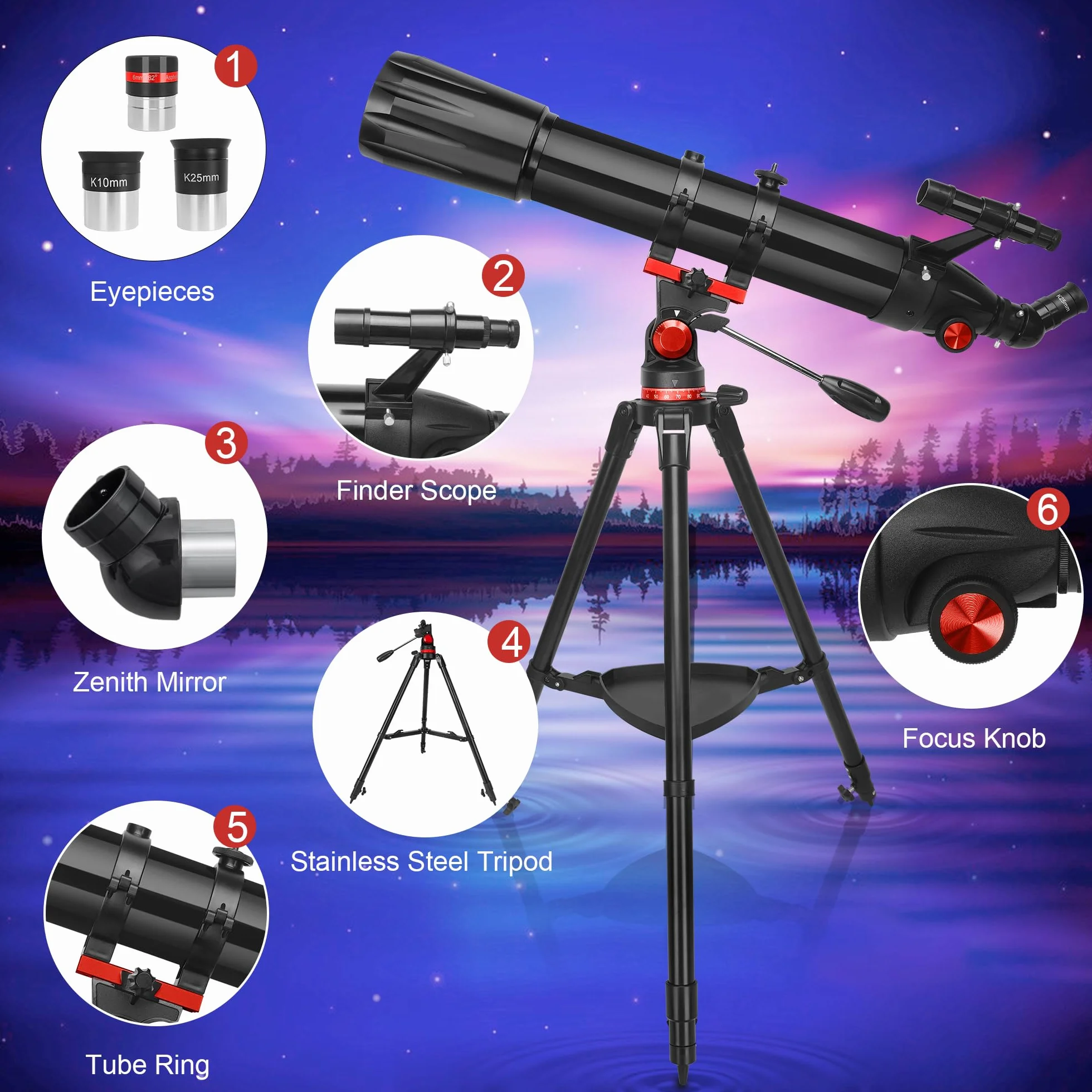 HETEKAN Teleskop, profesjonalny teleskop astronomiczny, 90/900 mm (36X-450X) refraktor dla dorosłych dzieci i początkujących, do obserwacji planetarnych, z adapterem do telefonu komórkowego