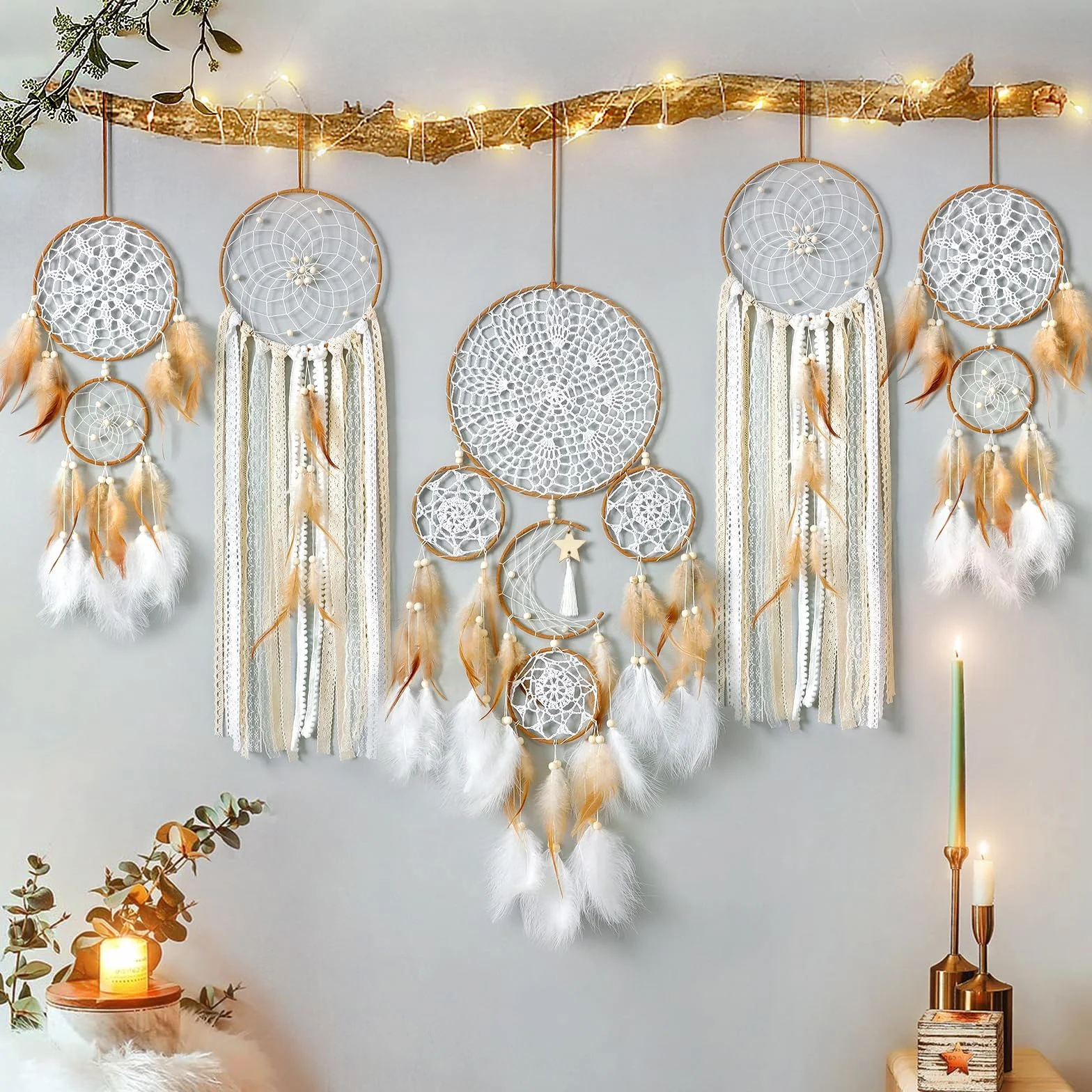 LOMOHOO Lot de 5 attrape-rêves lune soleil - Décoration murale bohème marron