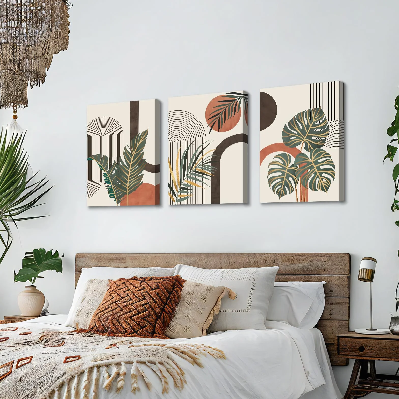 3PCS Feuilles Botaniques Orange Nordique Tableau Décoration Murale Salon,Ligne géométrique du milieu du siècle Impression sur Toile Boho Peintures sur Toile Décor Murale pour Chambre Maison 50x70cmx3