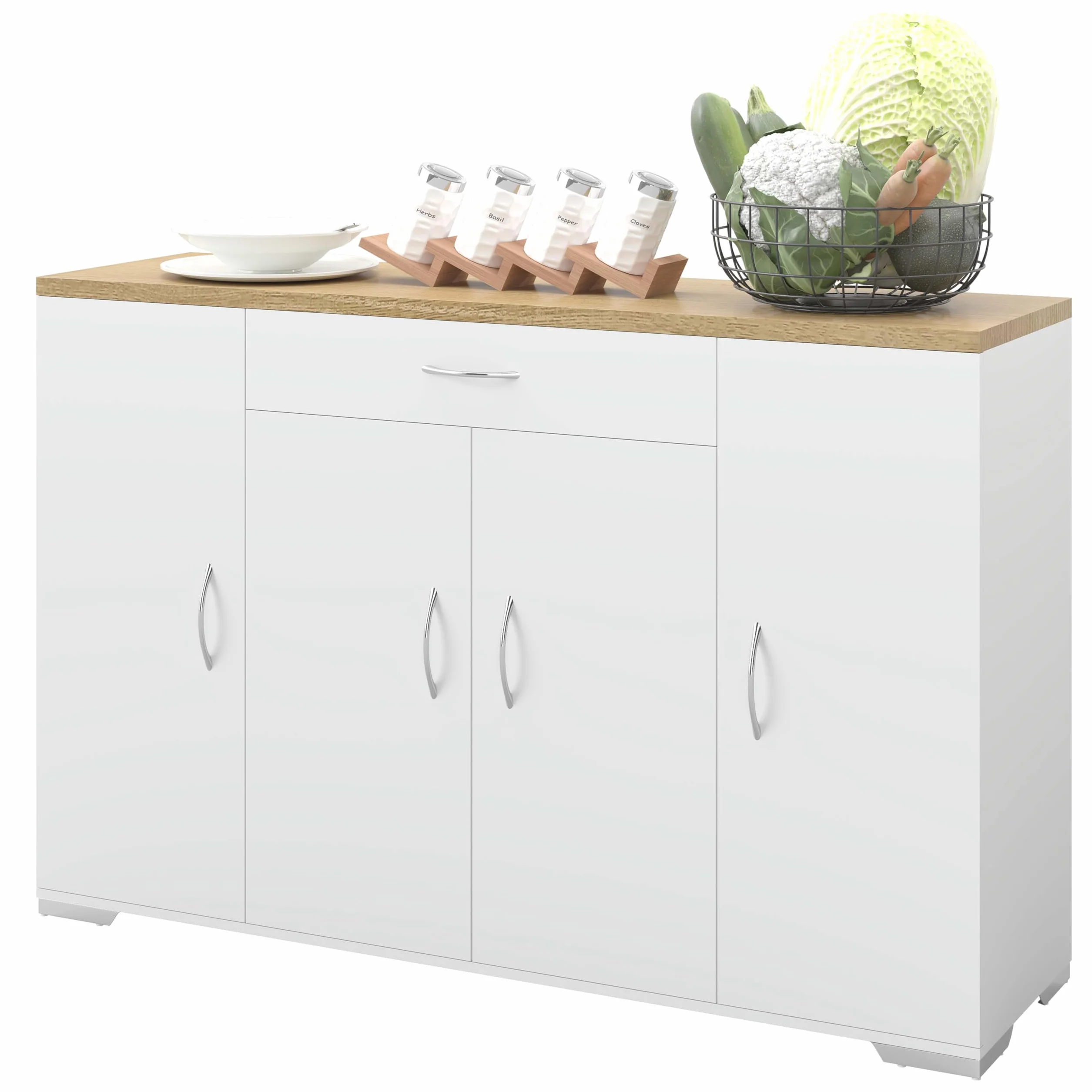 Meuble Cuisine Rangement Plan de Travail Cuisine Buffet Cuisine Blanc 110 x 30 x 70 cm avec Tiroir et 4 Portes Meuble Bas Cuisine Meuble Rangement Cuisine Salle à Manger Salon Armoire