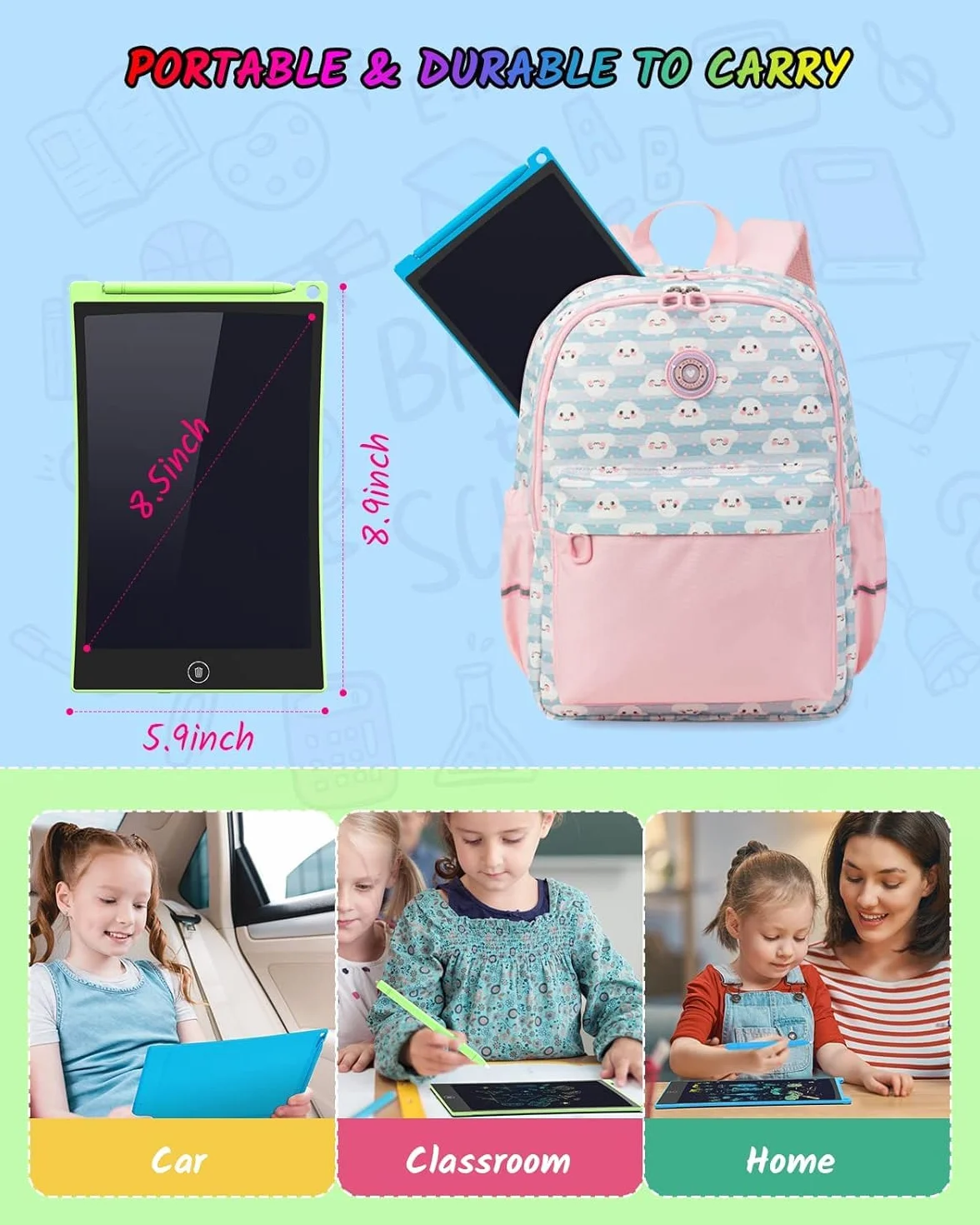 Tablettes d'écriture LCD 21,6 cm Lot de 2 Tableau à gribouiller coloré pour Enfants Bloc de Dessin effaçable réutilisable (Vert Bleu)