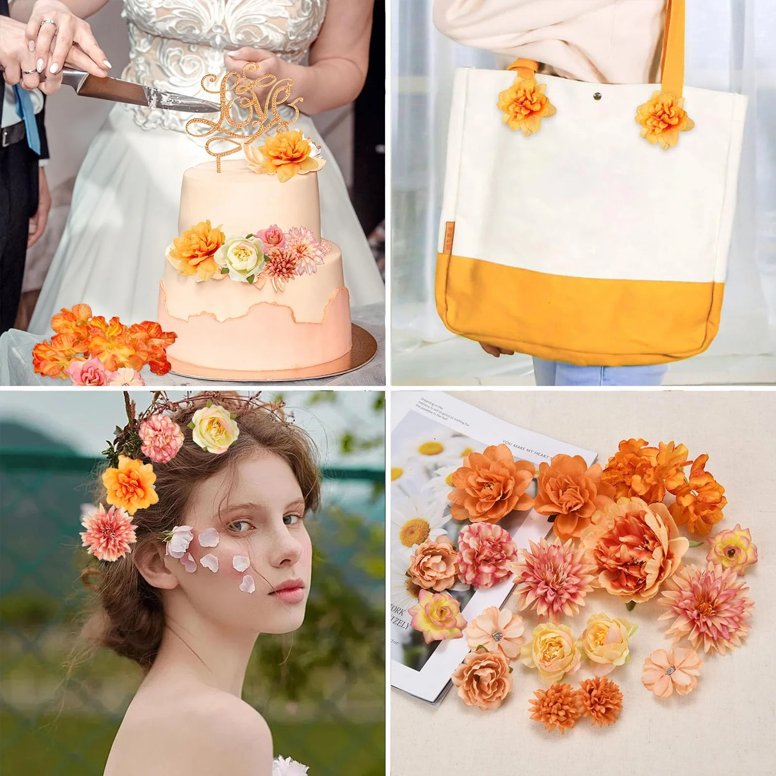 Fleurs Artificielles Lot de 17 Têtes en Soie Orange pour Décoration de Gâteau DIY