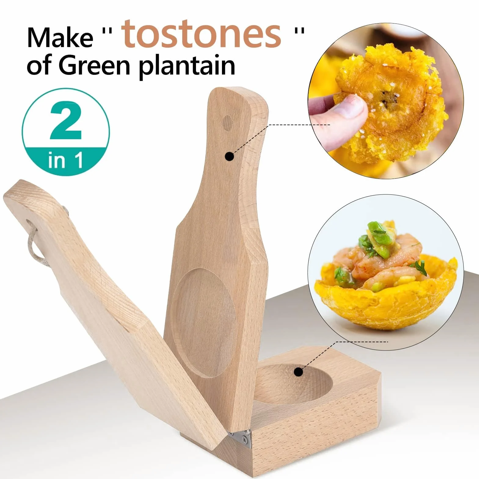 Presse à Plantain en Bois Tostonera Plantain Masher Réutilisable avec Lanière Suspendue
