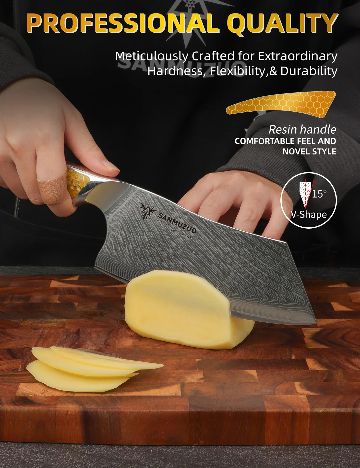 Couteau Nakiri 18 CM, Couperet à viande en acier Damas japonais VG-10, Couteau à légumes ultra tranchant avec manche pleine soie en résine Jaune, série LA-S9