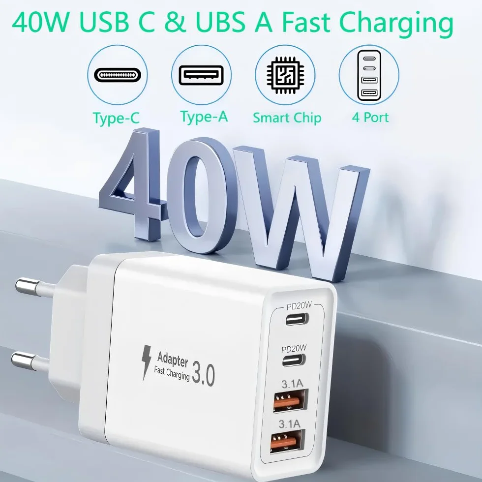 4 USB C Szybka Ładowarka 40W PD & USB A Type C Szybkie Ładowanie Ściany Ładowarka Wtyczka Uniwersalny Mobilny Zasilacz do iPhone Samsung Huawei Xiaomi HTC Motorola Honor iPad itp