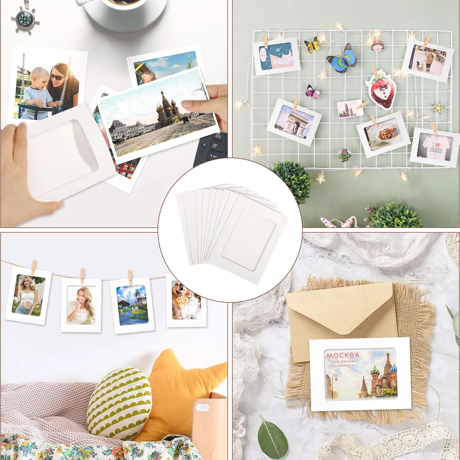 Guirlande Photo 40 Pièces Cadres Photo 10x15 cm Pele Mele Photo Mural avec Pinces en Bois pour Décoration Murale (Blanc)
