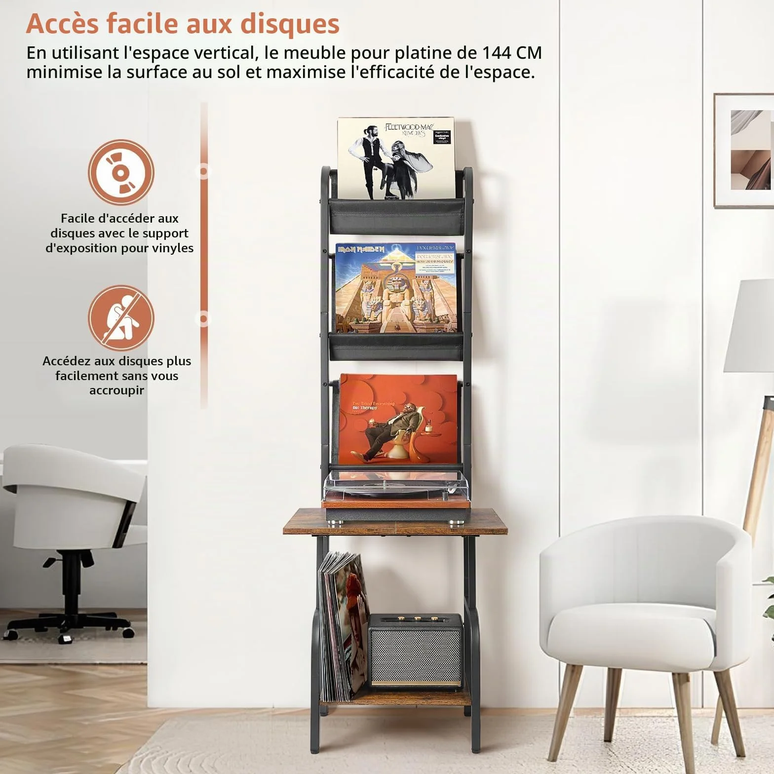 Rangement Vinyle, Support Vinyle, Meuble Vinyl à 3 Niveaux, Meuble Platine Vinyl Stockage jusqu'à 200 Albums Cds, Support Vinyls Mural, Tourne Disque pour Salon