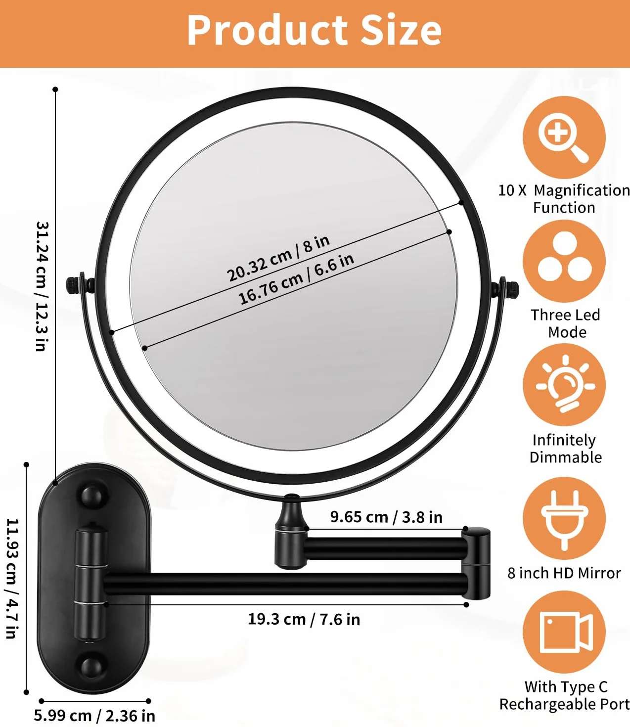 Jutyum Miroir cosmétique mural avec grossissement 1X/10X - Éclairage LED - Miroir de maquillage mural avec éclairage variable - 3 couleurs - Noir