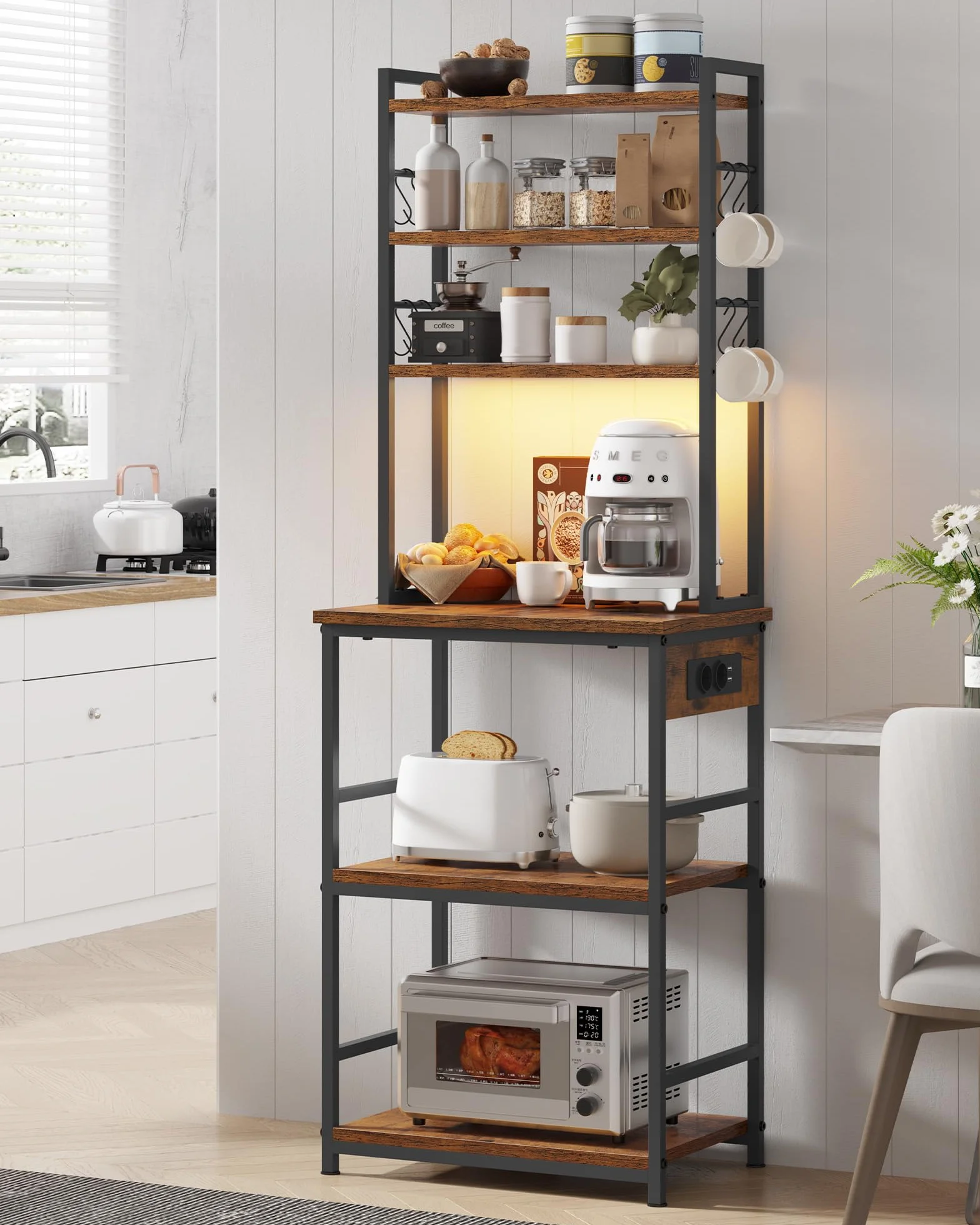 KIMENICH Étagère de Cuisine, Meuble de Cuisine avec LED et Multiprise, Étagère à Micro-Ondes à 6 Niveaux avec 8 Crochets en S, pour Cuisine, Salon, 40 * 60 * 174 cm, Marron