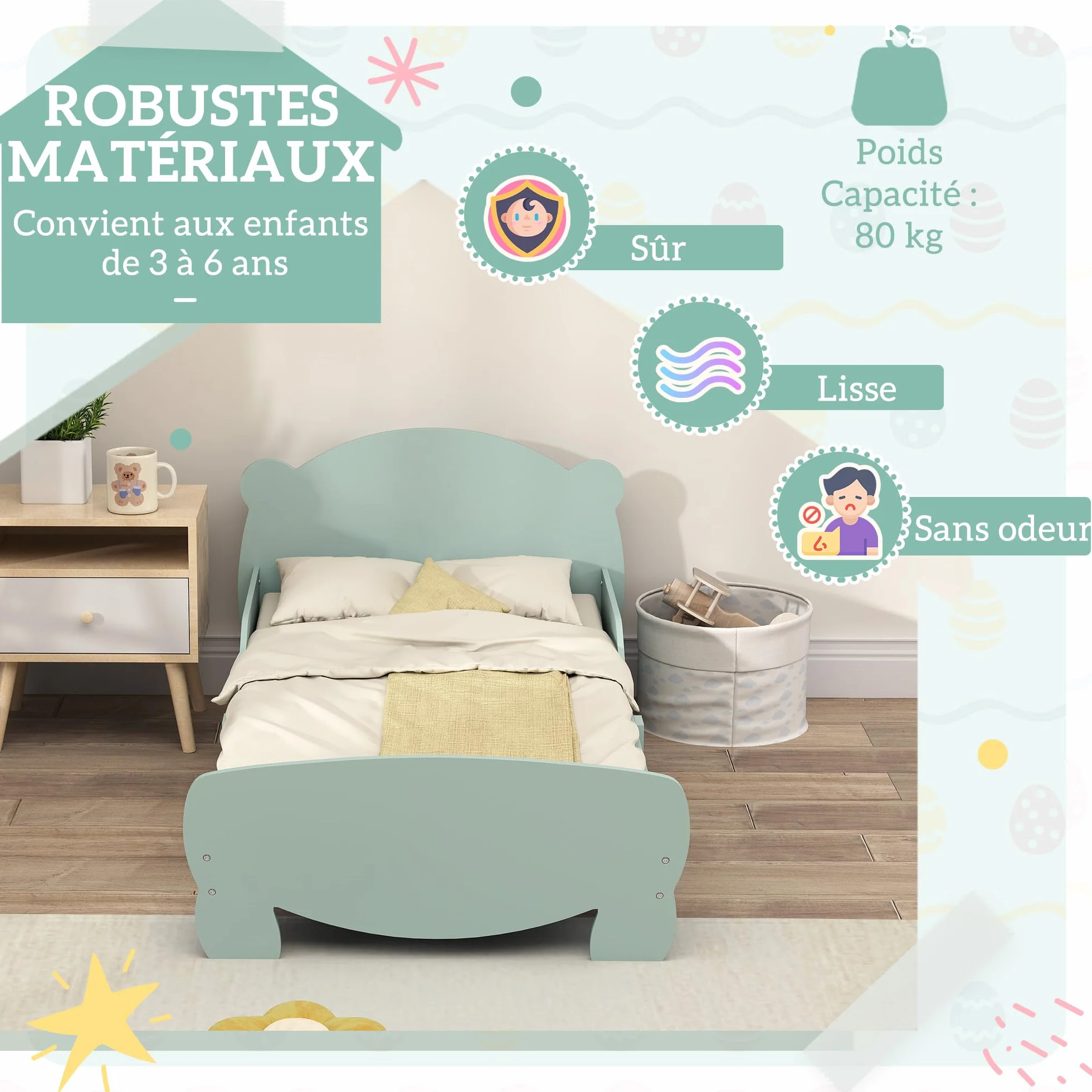 AIYAPLAY Lit Enfant lit au Sol Enfant 70x140 cm avec barrière de sécurité, sommier à Lattes Inclus et décorations d'ours, pour garçons et Filles de 3 à 6 Ans - Vert