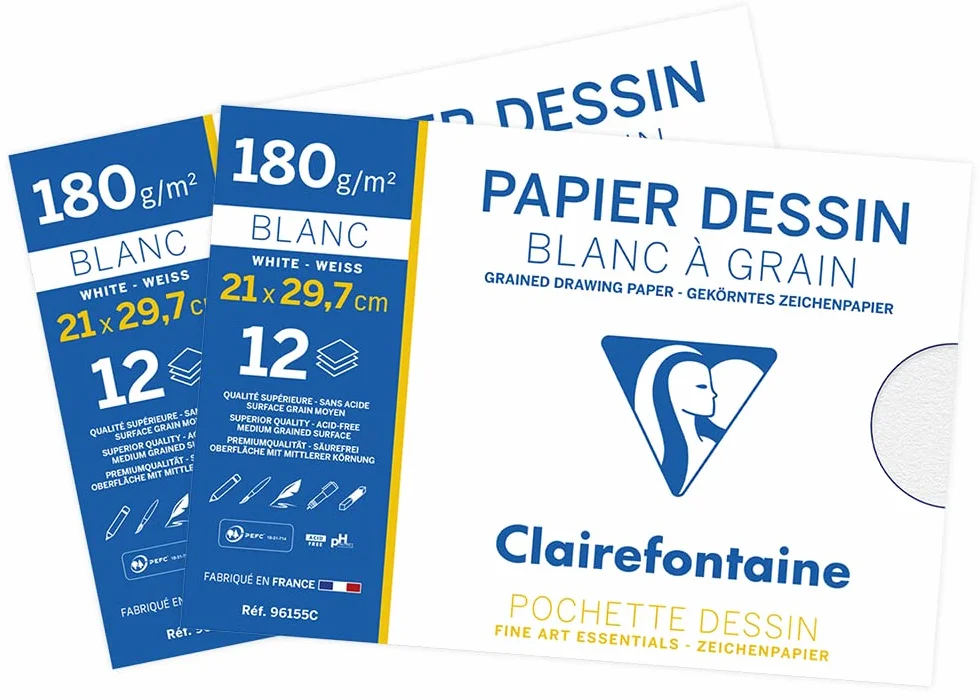 Clairefontaine Lot de 2 Pochette Dessin Scolaire 12 Feuilles Papier Dessin Blanc à Grain A4 21x29,7 cm 180g