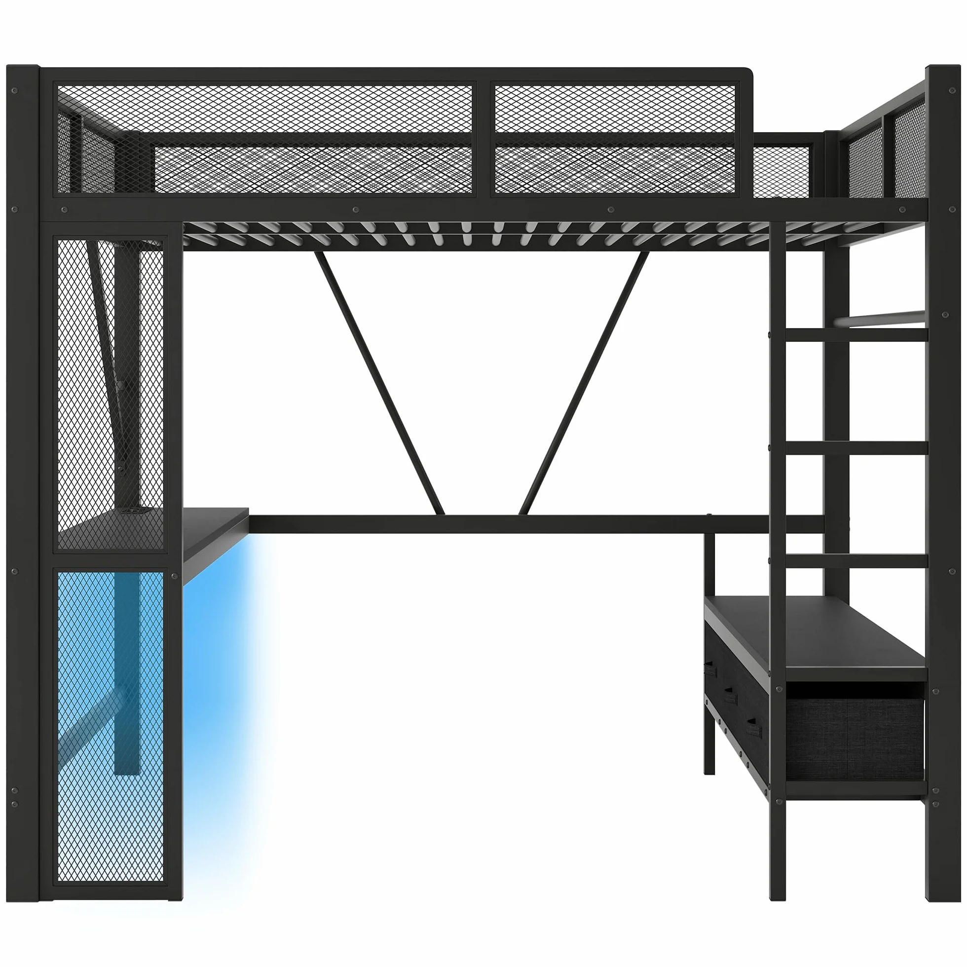 Sapgaks Lit Mezzanine 2 Places 140x200 avec LED et USB, Lit Enfant en Métal avec Bureau et Armoire Ouverte, Lit Mezzanine Enfant avec 3 Tiroirs à Linge, Lit 140x200 avec Rambarde, Noir