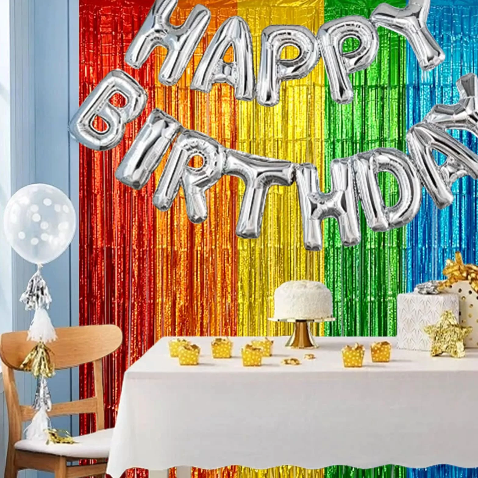 Rideau Métallique Tinsel Arc-en-Ciel, Rideau à Franges Brillant Auto-Adhésif, Décoration Porte Mur Table pour Fête Anniversaire Mariage