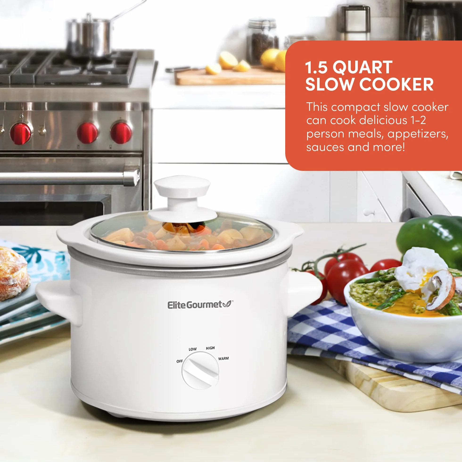 Elite Gourmet MST-250XW Mijoteuse électrique avec cuve en céramique, température réglable, pour entrées, sauces, soupes, rôtis et plats mijotés, passe au lave-vaisselle (1,4 L, blanc)