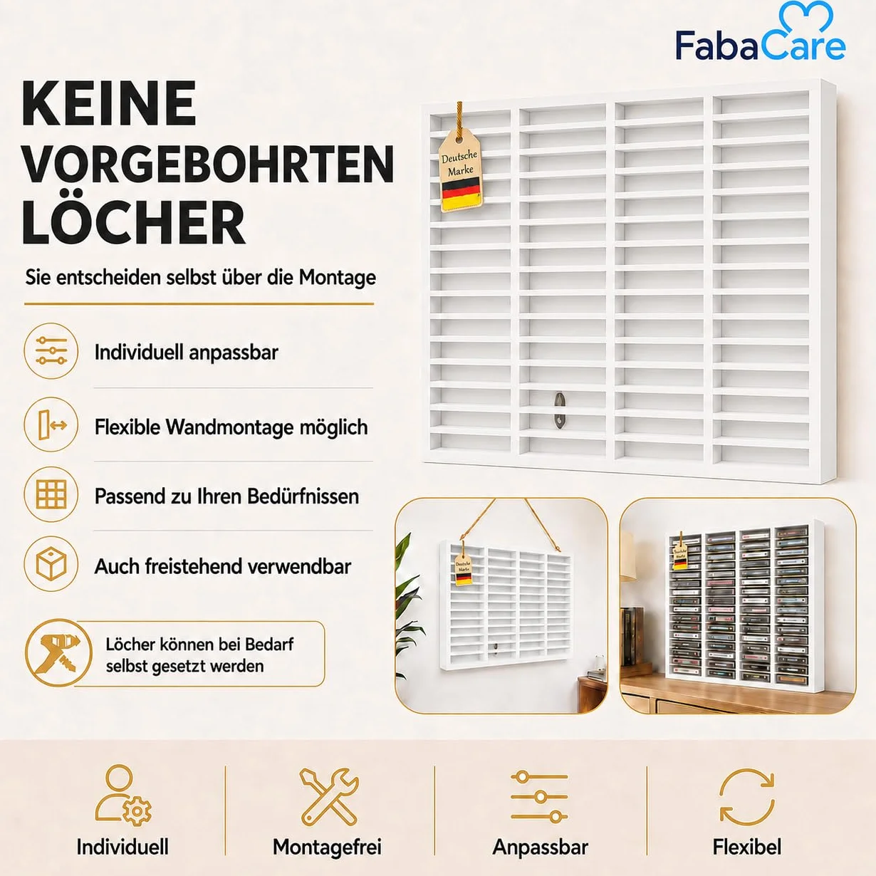 eCom Fabarius Étagère pour 60 cassettes audio, étagère média en bois de pin entièrement montée